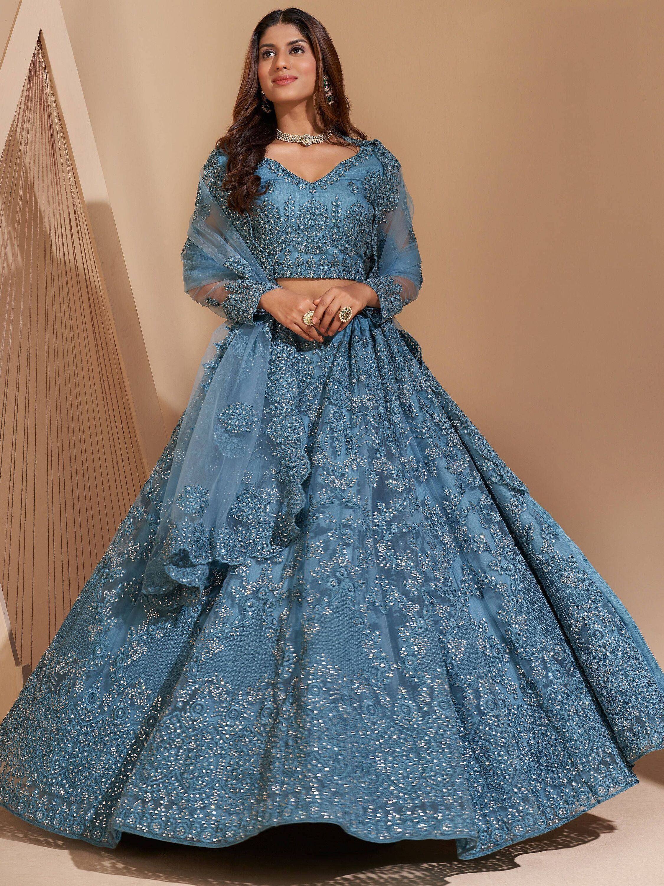 Blue embroidered lehenga choli with sheer dupatta, Indian ethnic wear for weddings and parties