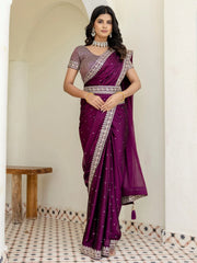 Elegant Wine Silk Sequins Work Reception Wear Saree With Blouse