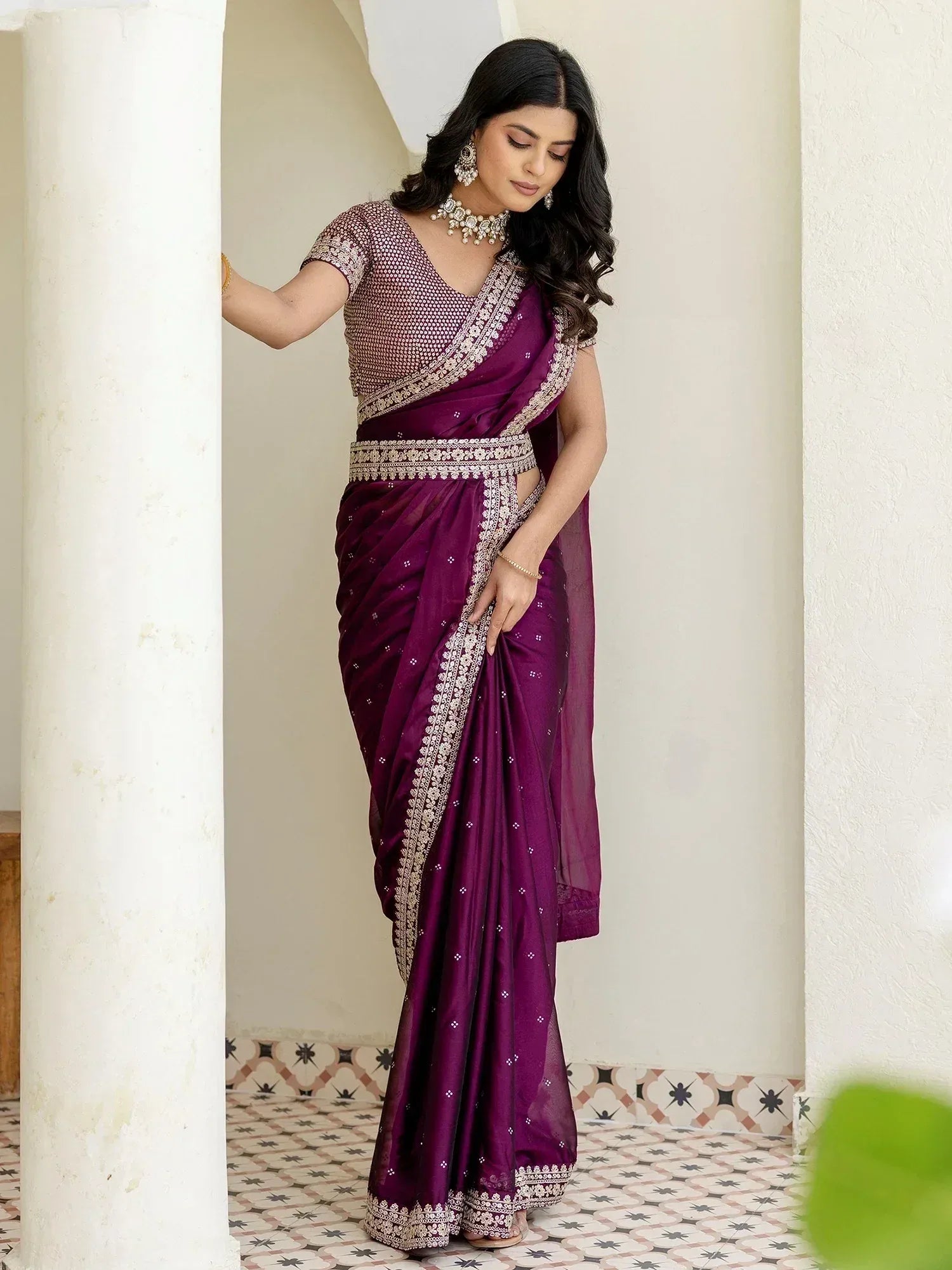 Elegant purple saree with gold embroidery, perfect for Indian ethnic wear occasions