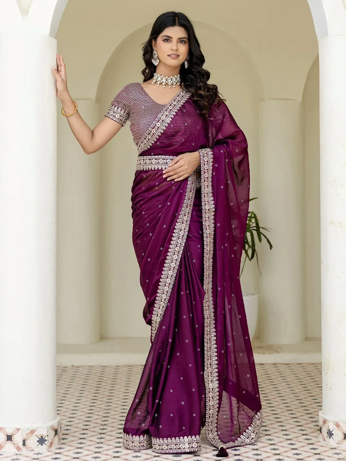 Elegant purple saree with intricate white embroidery, perfect for Indian ethnic wear occasions