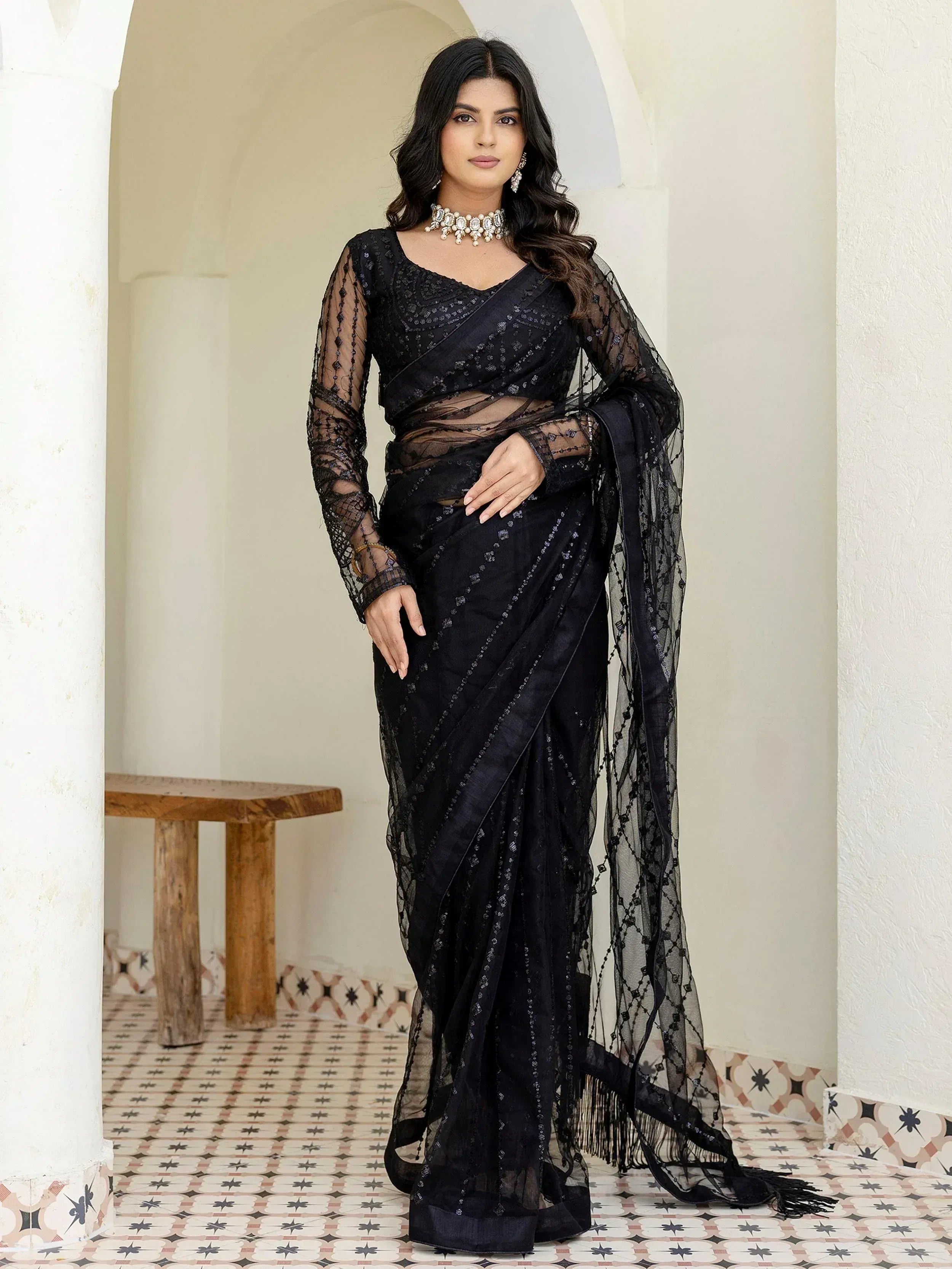 Black embroidered saree with sheer net blouse, ethnic Indian wear for women