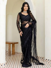 Stylish Black Net Sequins Embroidered Party Wear Saree With Blouse