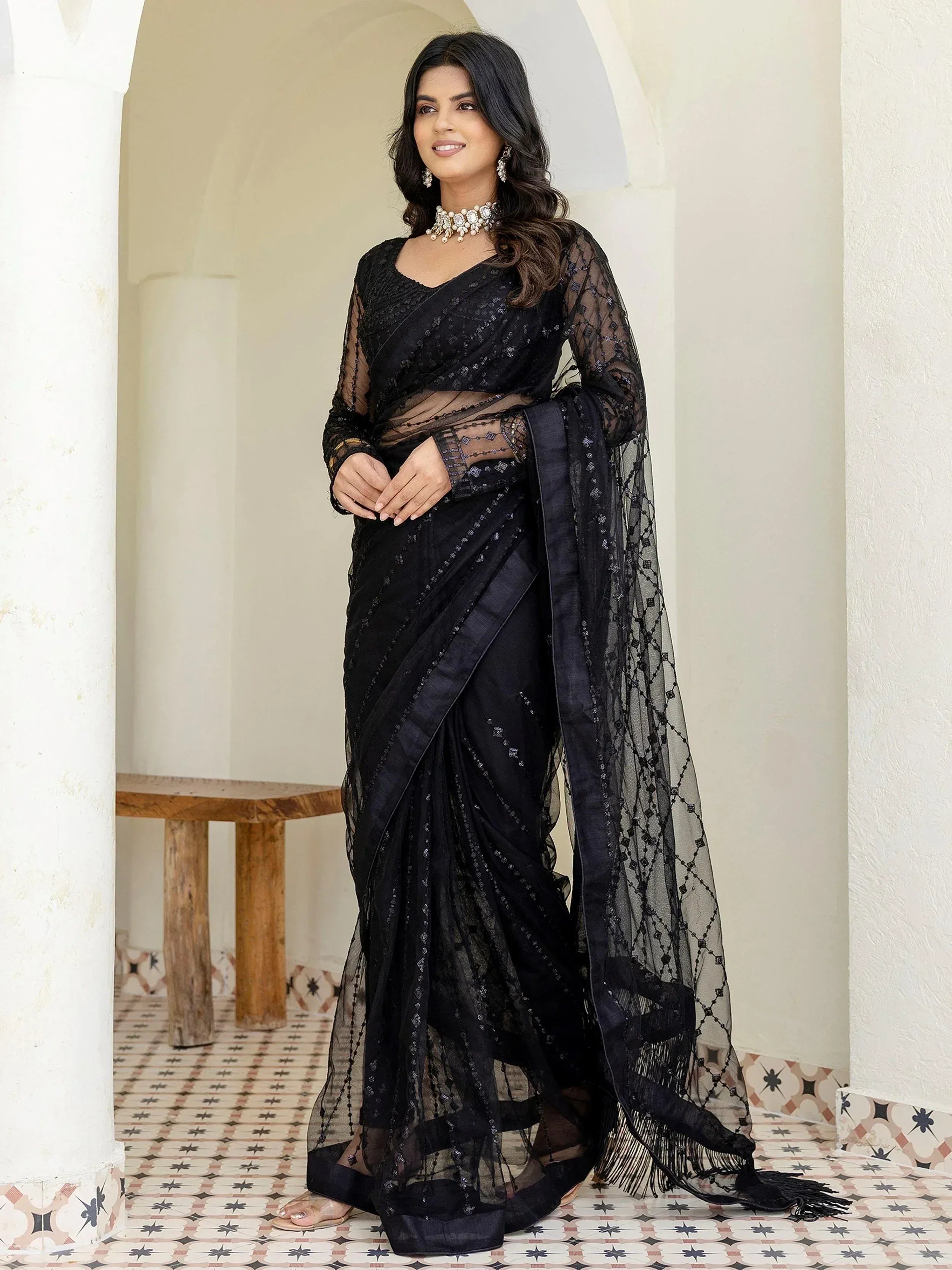 Black embroidered saree with sheer blouse, ethnic Indian wear for women