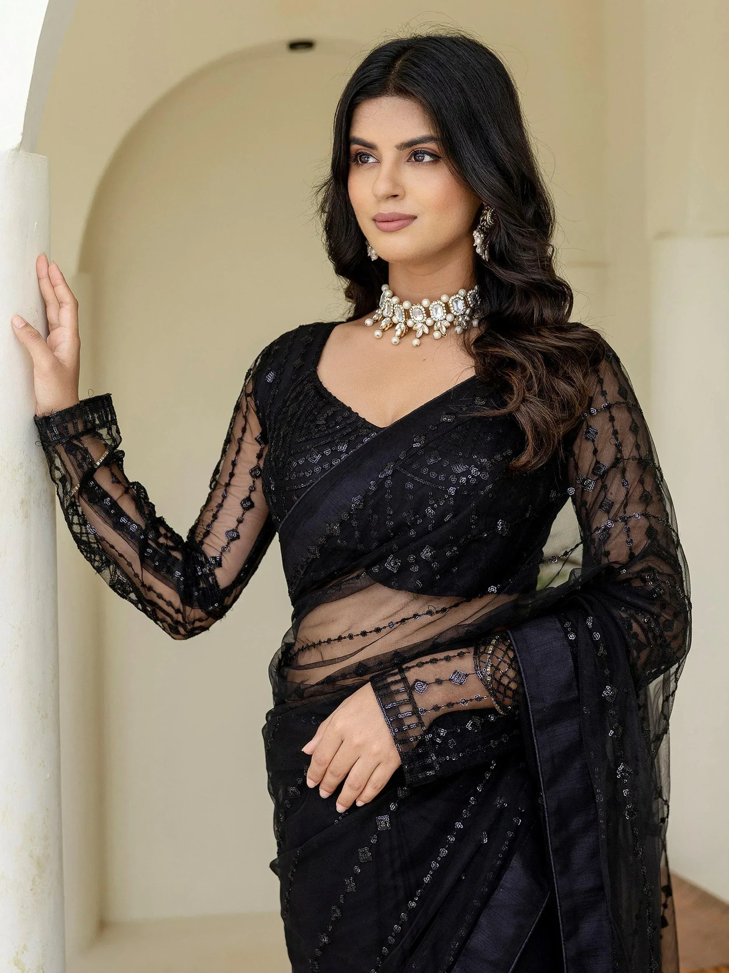 Black sheer saree with sequin embroidery, ethnic wear for women