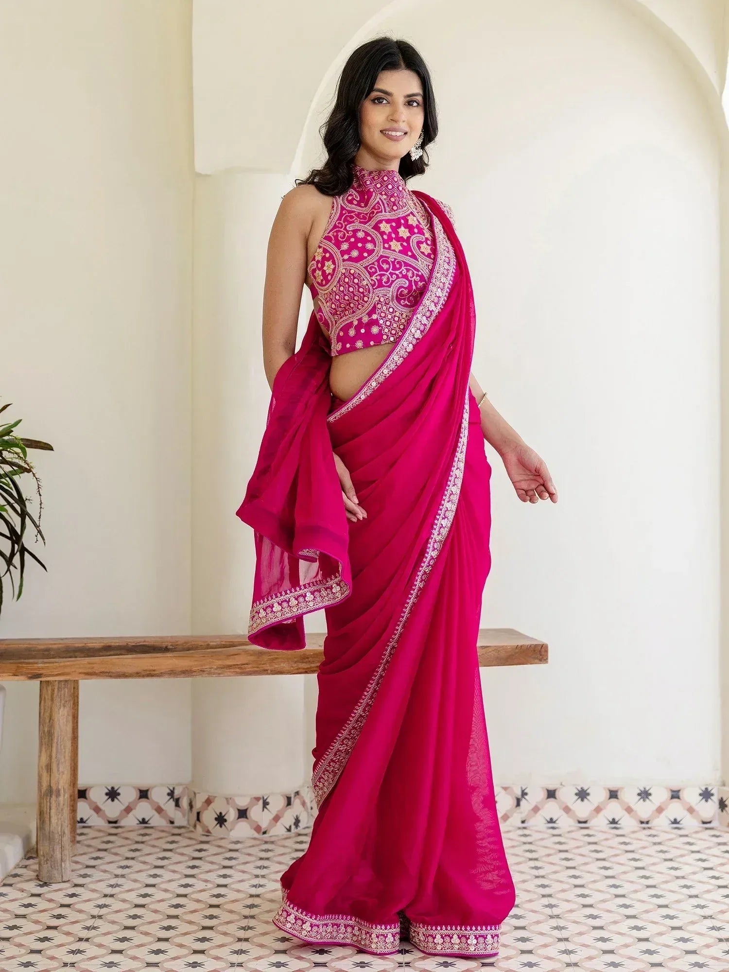 Charming Rani Pink Silk Sequins Embroidered Party Wear Saree