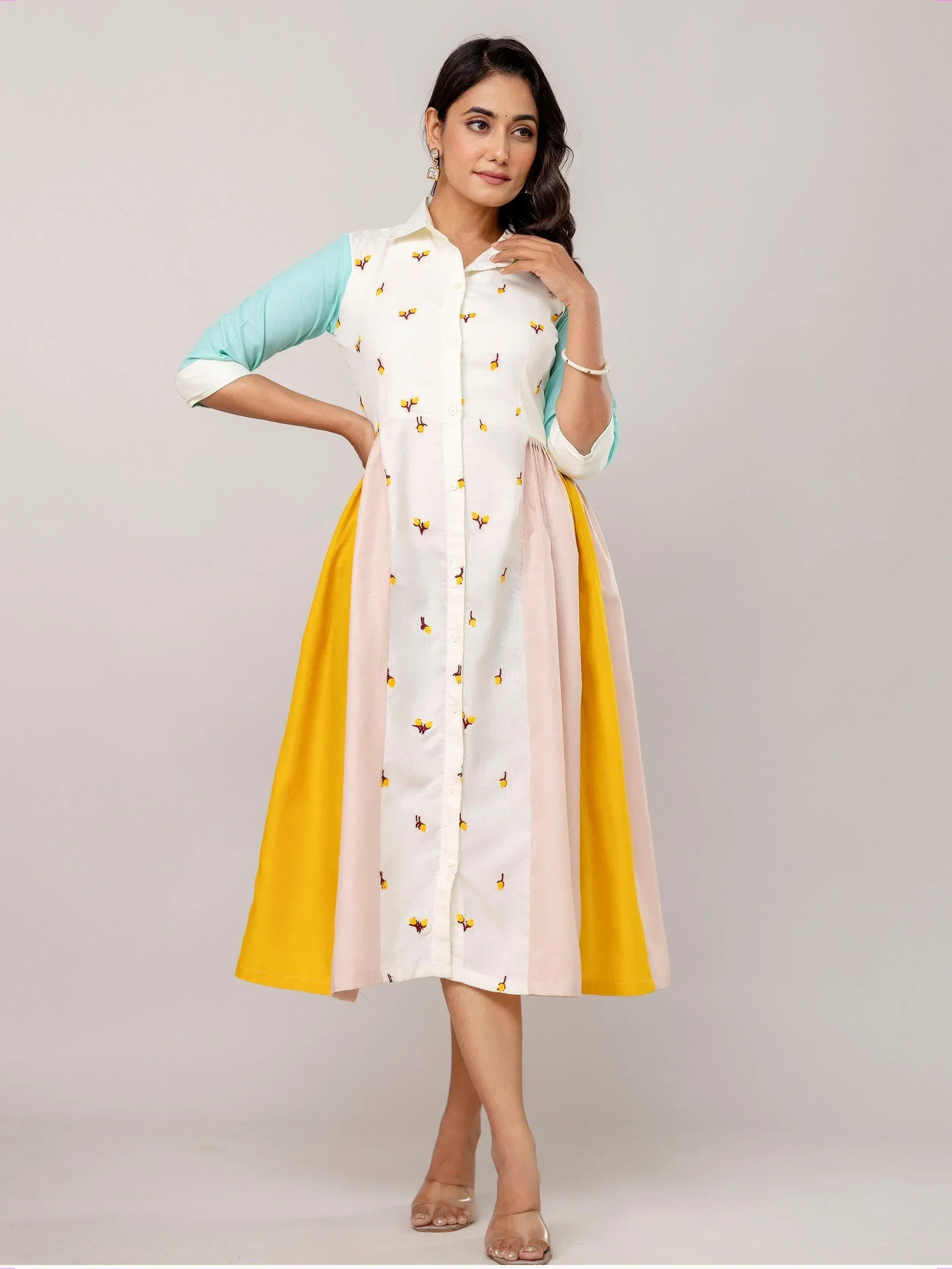 White embroidered kurta with color-block sleeves and yellow-pink skirt, Indian ethnic wear