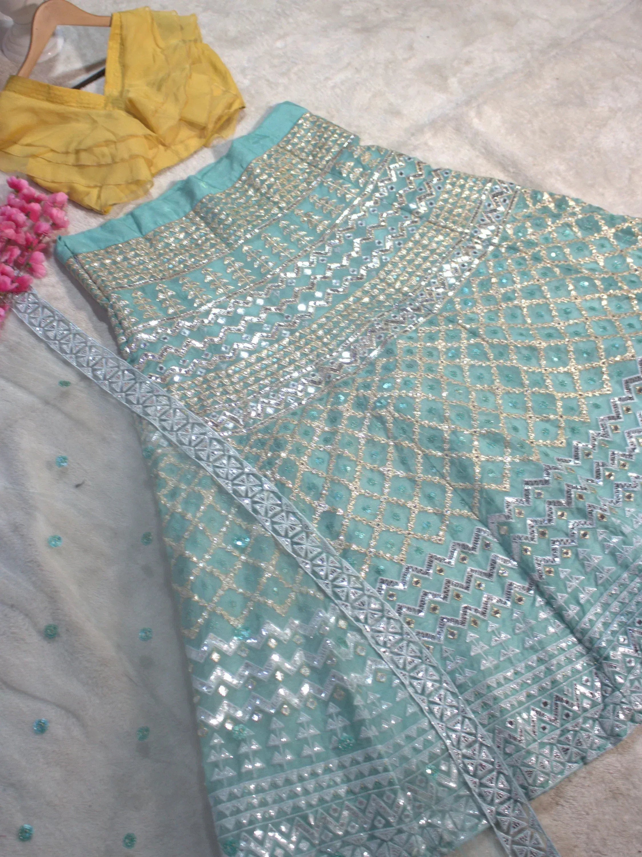 Precious Sky Blue Organza Foil Work Function Wear Lehenga Choli