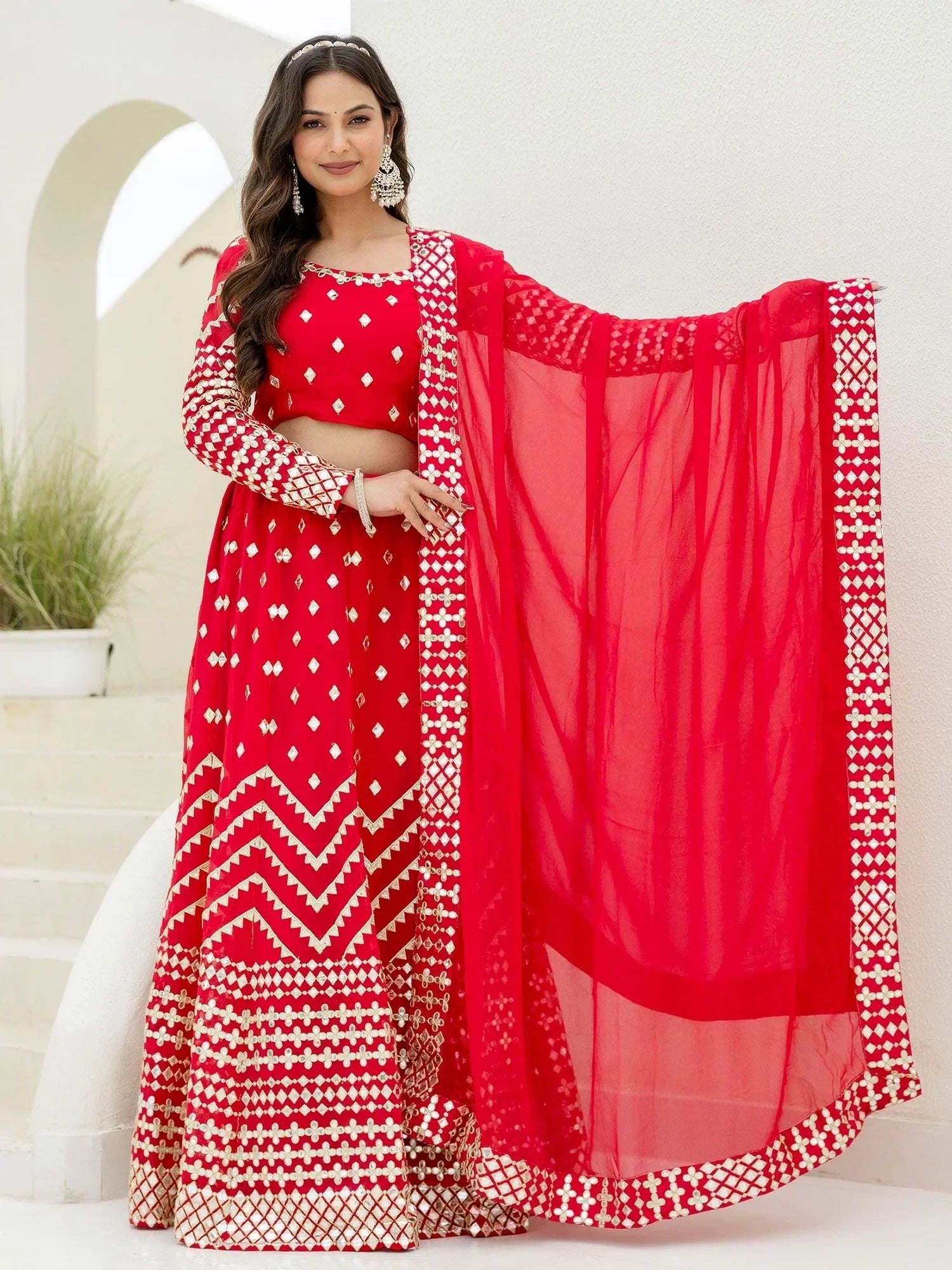 Desirable Red Georgette Foil Work Wedding Lehenga Choli
