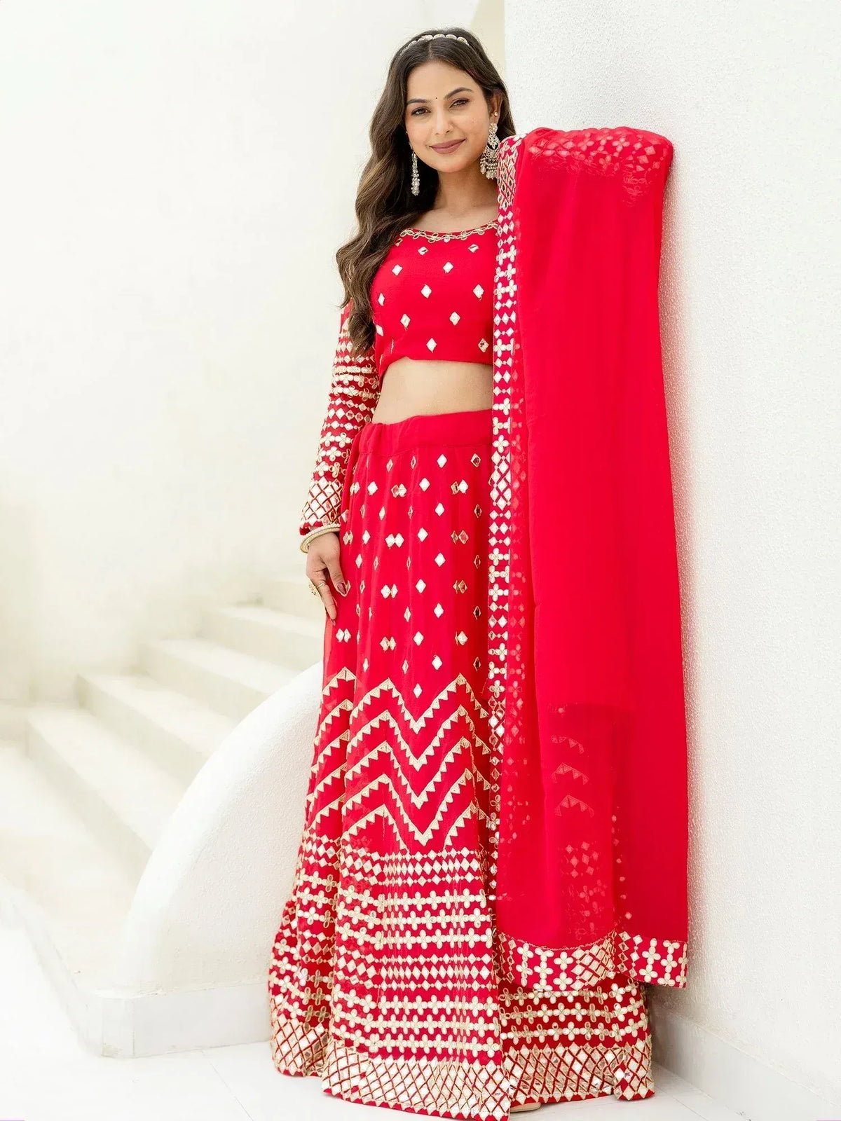 Red embroidered lehenga choli with dupatta, Indian ethnic wear for women