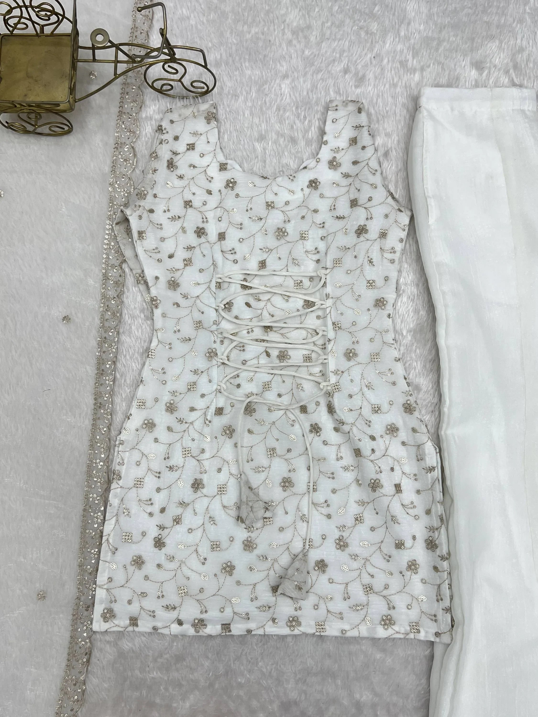 Esthetics White Sequins Silk Festive Wear Pant Suit