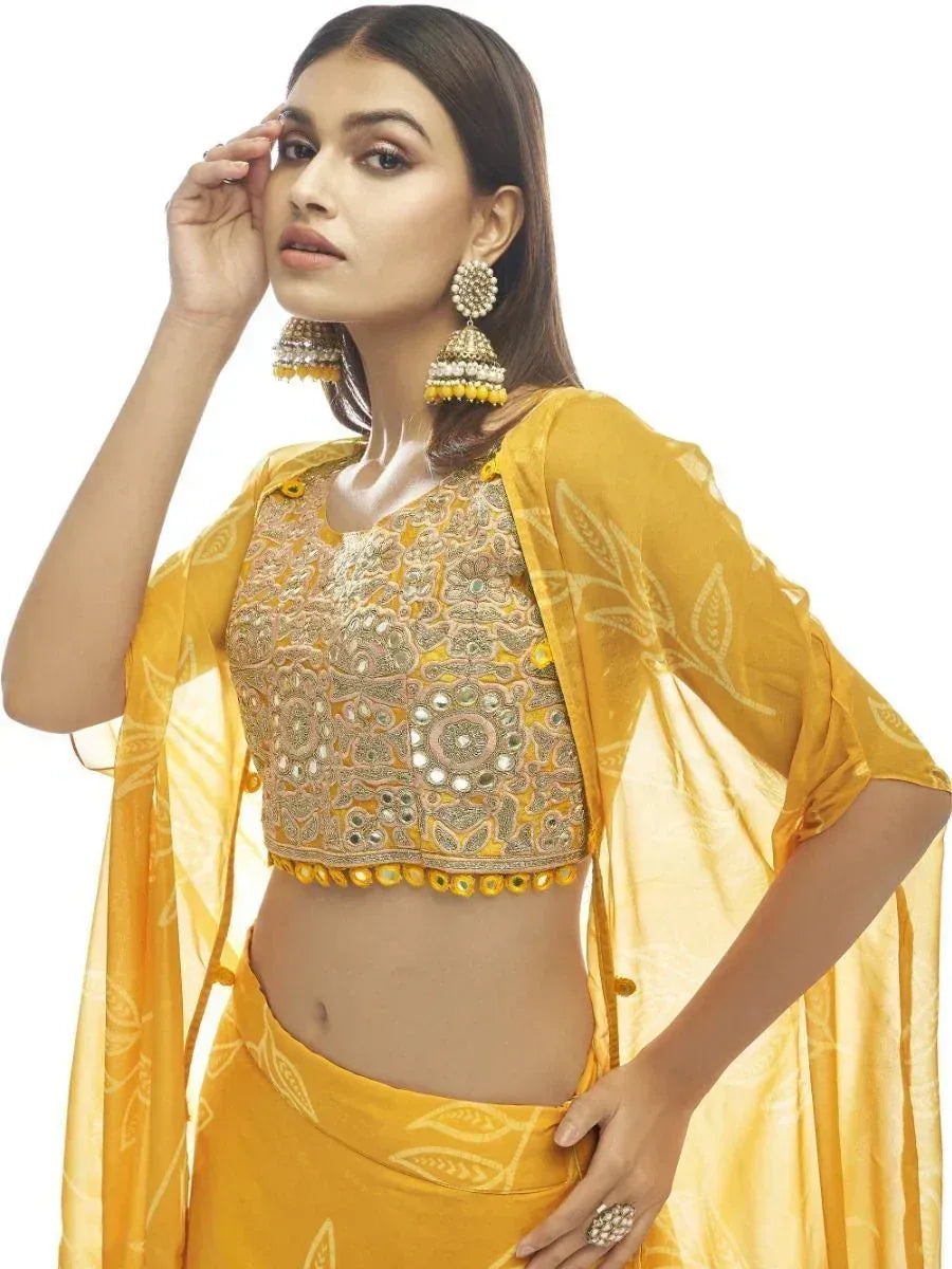 Yellow embroidered lehenga choli with mirror work and matching dupatta, Indian ethnic wear