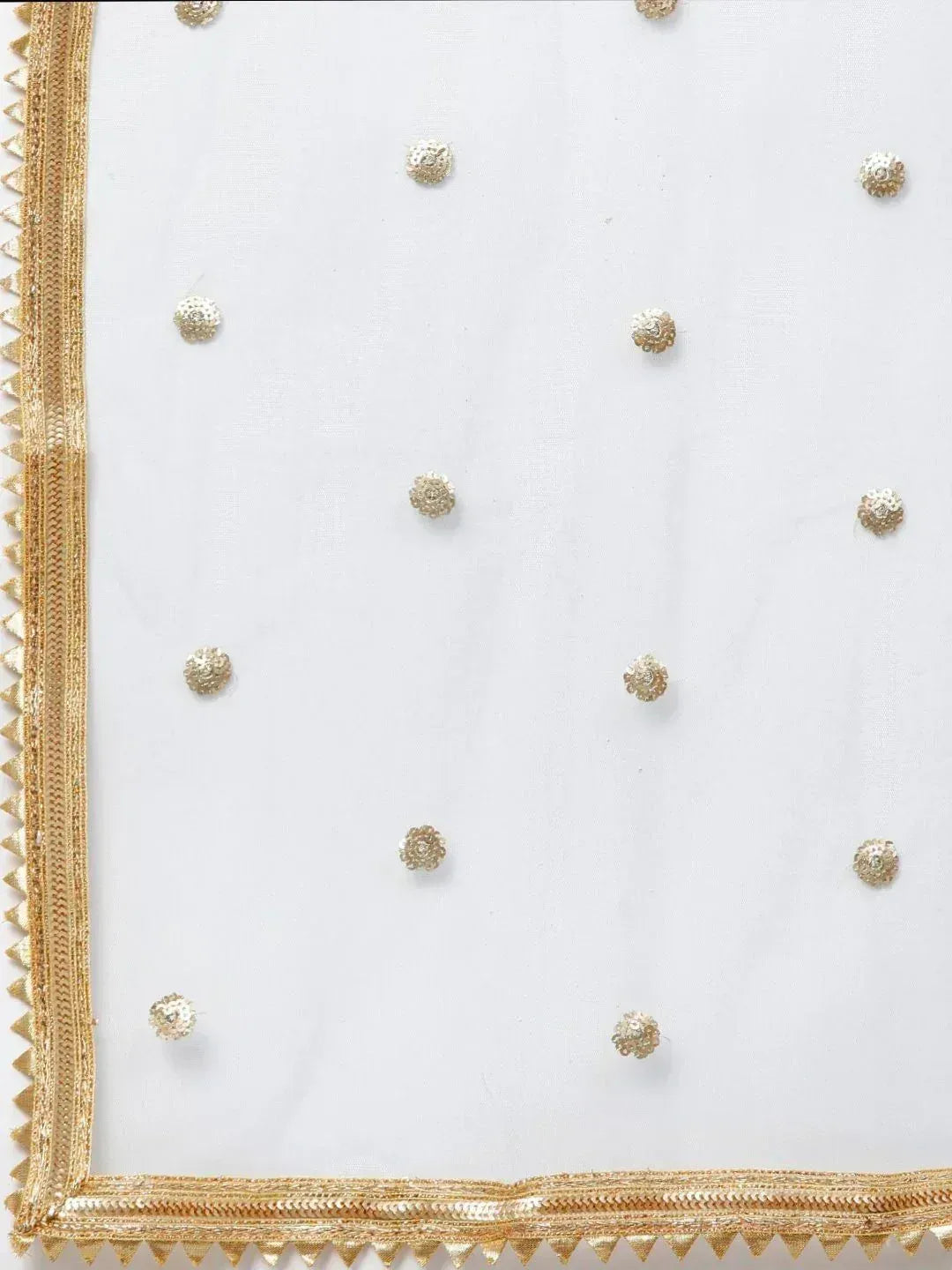 White ethnic dupatta with gold sequin border and scattered floral motifs, perfect for Indian wear