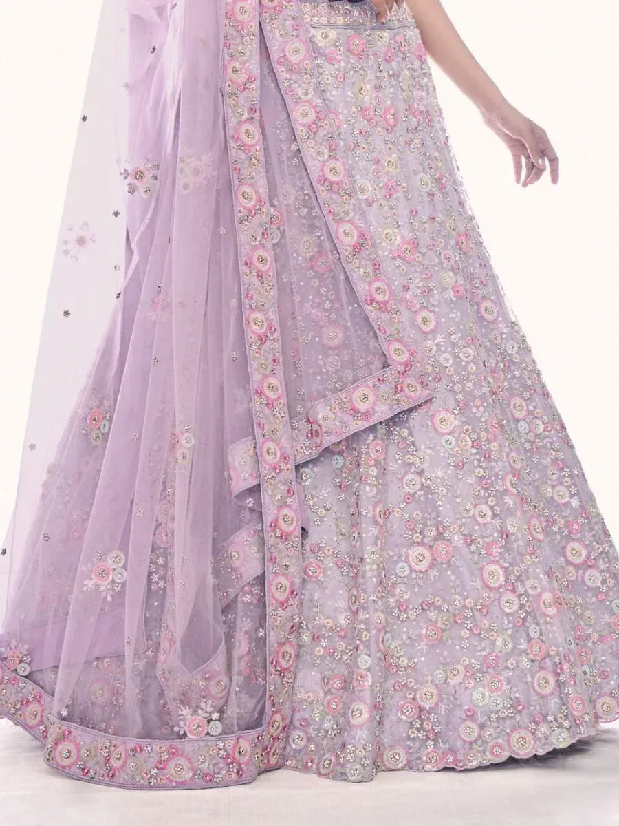 Lavender floral embroidered lehenga choli with matching dupatta, ideal for weddings and festive occasions.