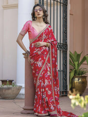 Timeless Red Lace Embroidered Silk Festival Wear Saree With Blouse