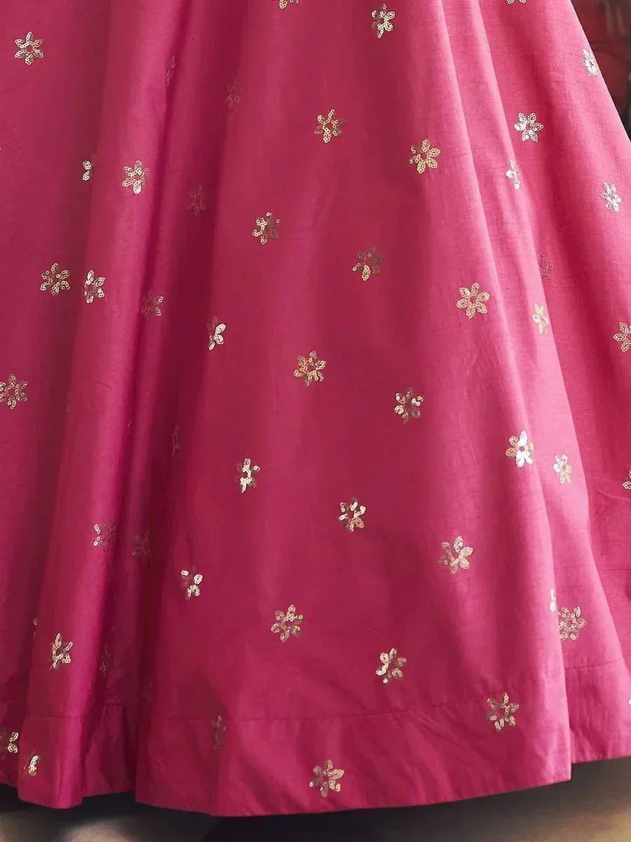 Pink lehenga skirt with gold floral embroidery, ethnic wear for women