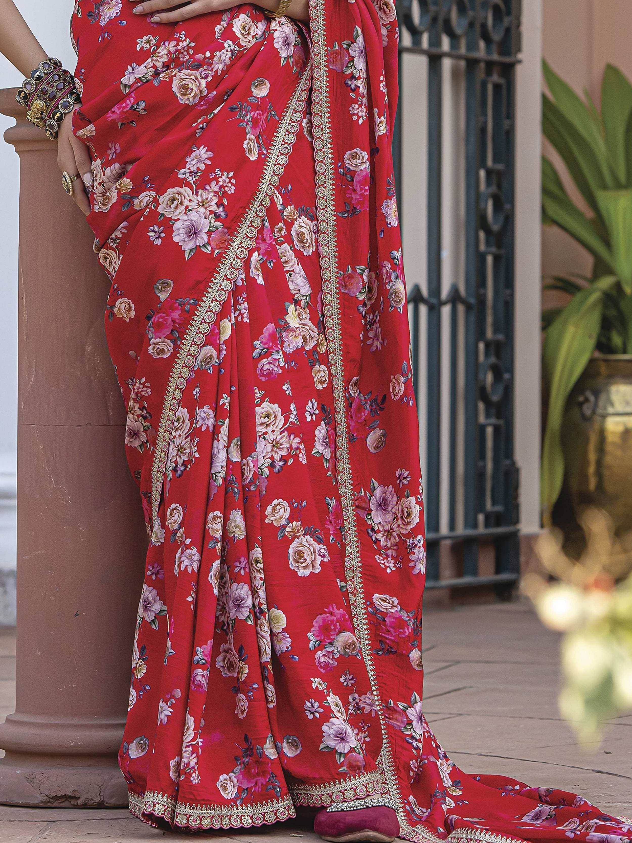 Red floral saree with gold border, Indian ethnic wear, perfect for festive occasions