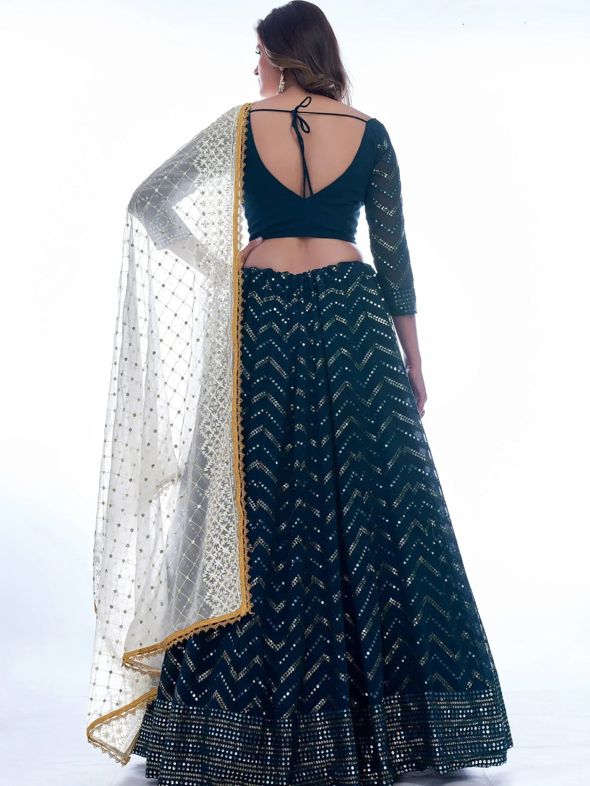 Dark green sequin lehenga choli with back tie blouse and white embroidered dupatta, Indian ethnic wear