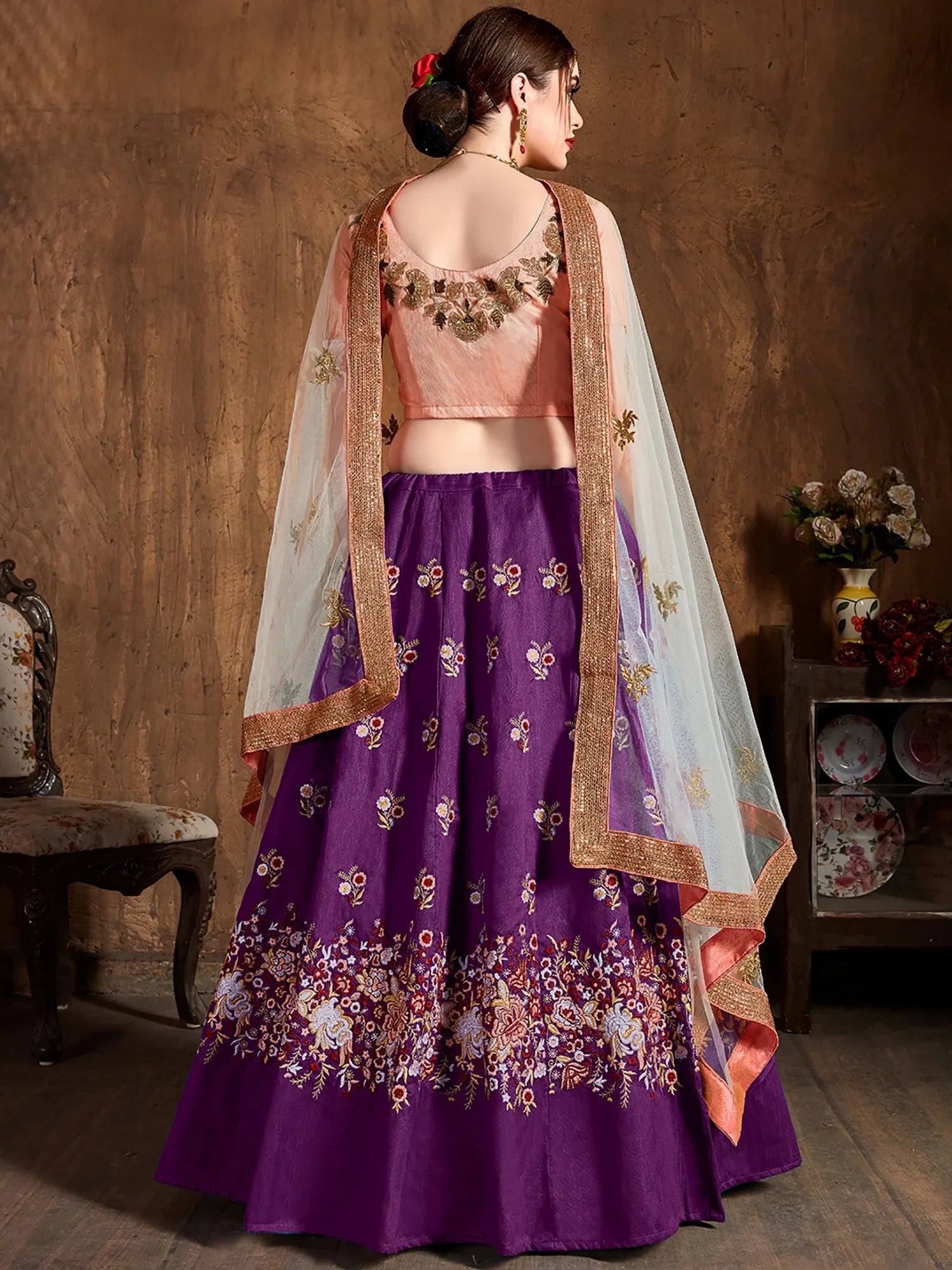 Gorgeous Purple Embroidered Silk Bridesmaid Plus Size Lehenga Choli