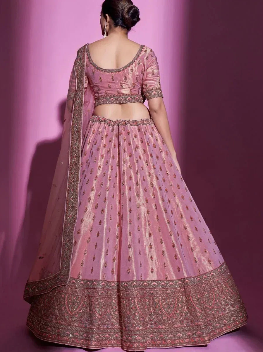 Pink embroidered lehenga choli with dupatta, back view, Indian ethnic wear
