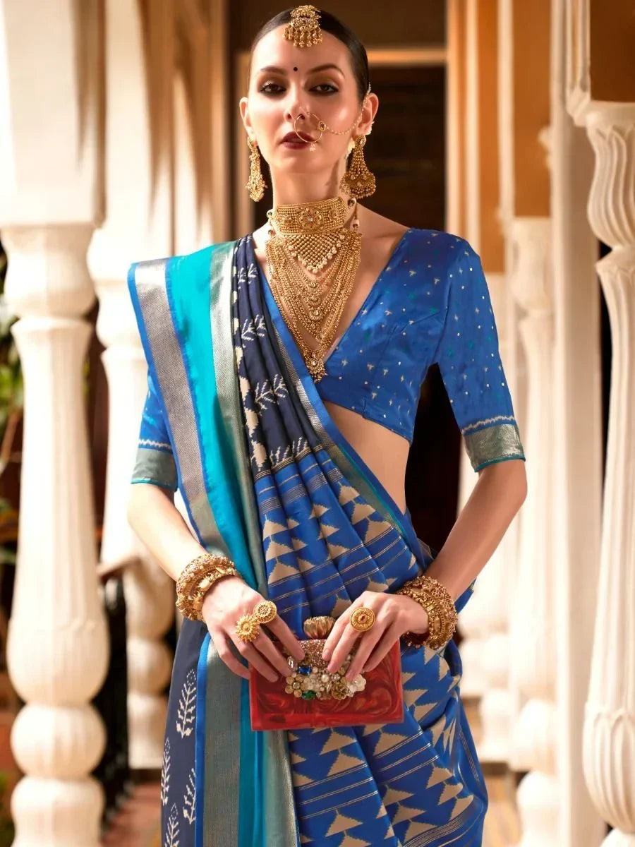 Majestic Blue Patola Printed Silk Wedding Wear Sarees With Blouse