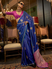 Fantastical Blue Zari Weaving Satin Party Wear Saree With Blouse