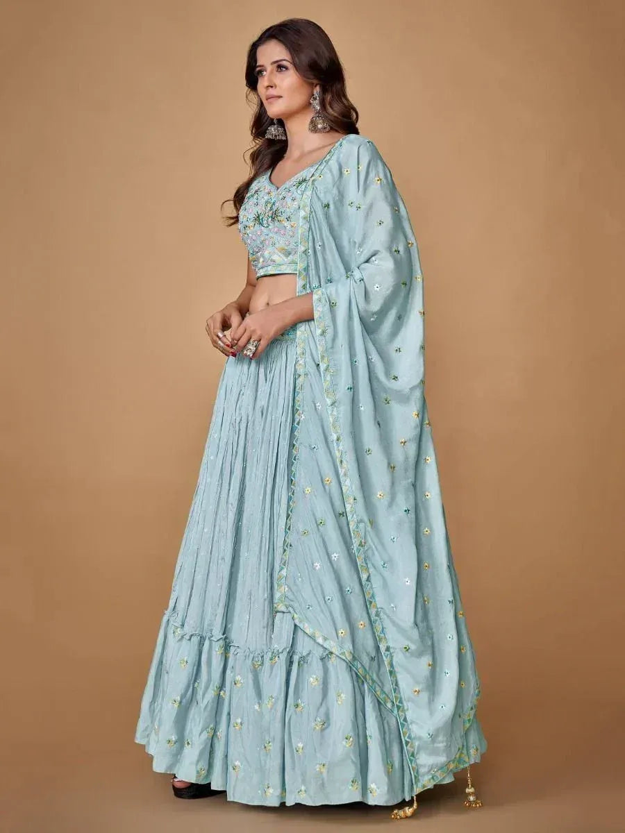 Light blue embroidered lehenga choli with floral motifs and dupatta, perfect for Indian ethnic occasions