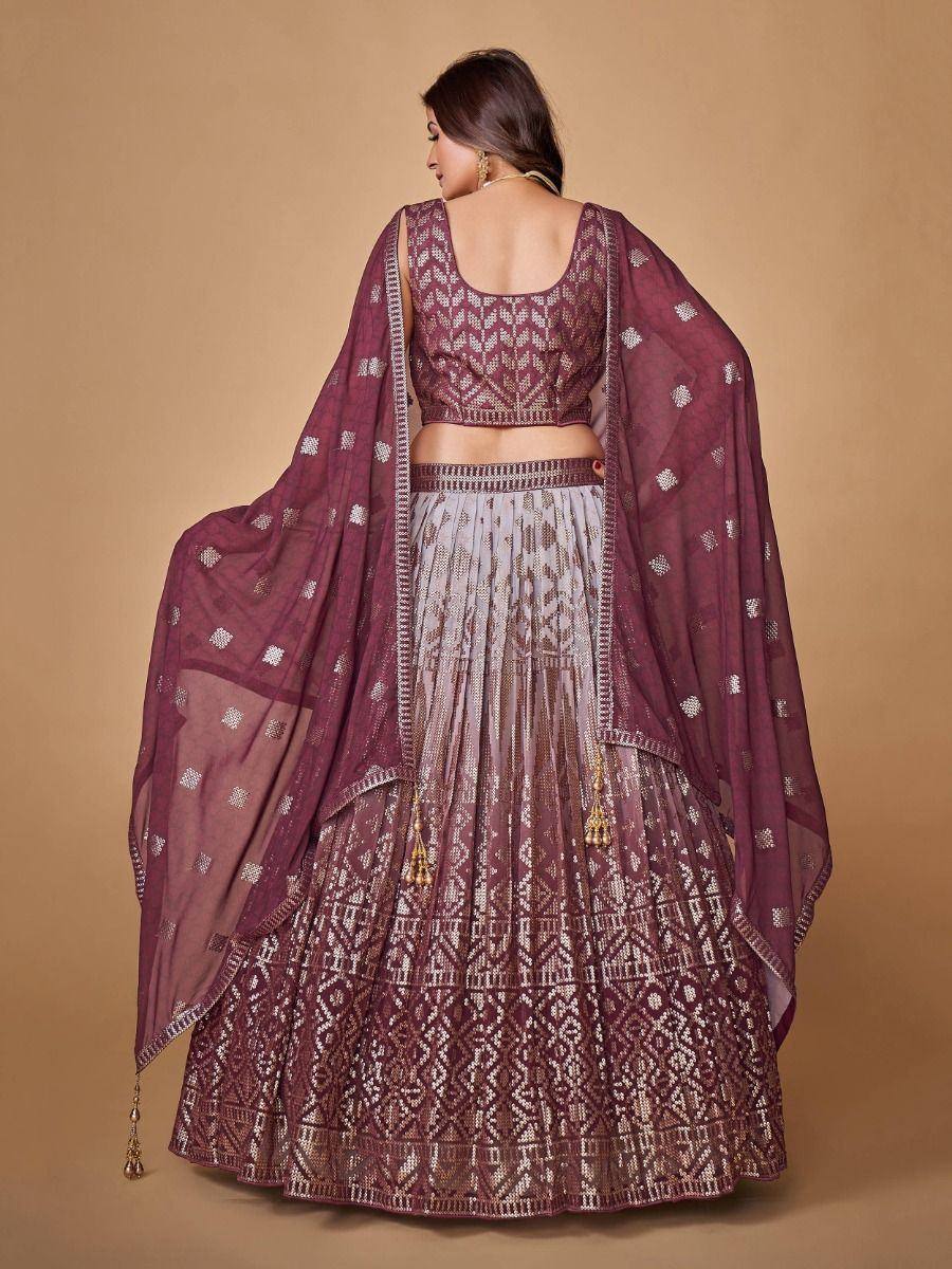 Maroon and silver embroidered lehenga choli with sheer dupatta, ethnic Indian wear for weddings