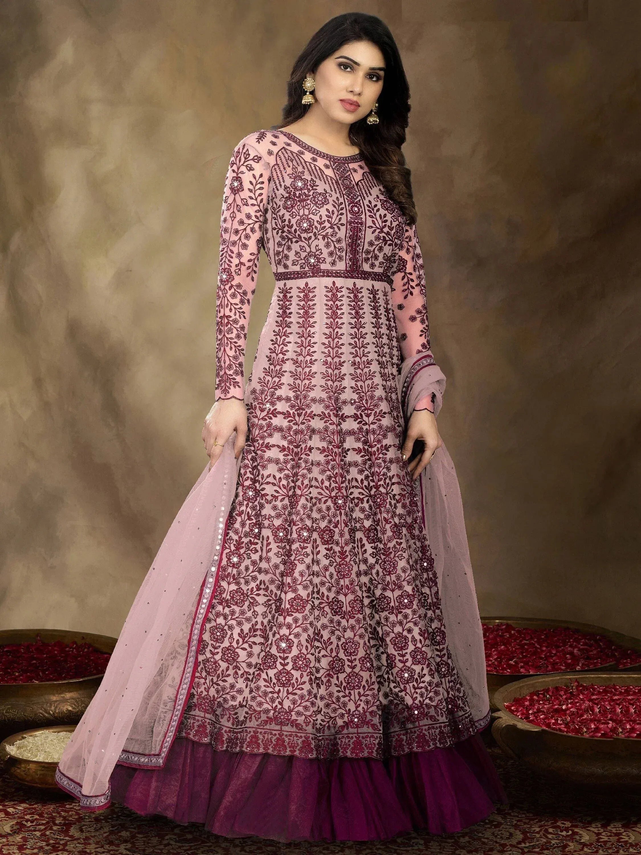 Pink and maroon embroidered anarkali suit with floral detailing, perfect for Indian ethnic occasions