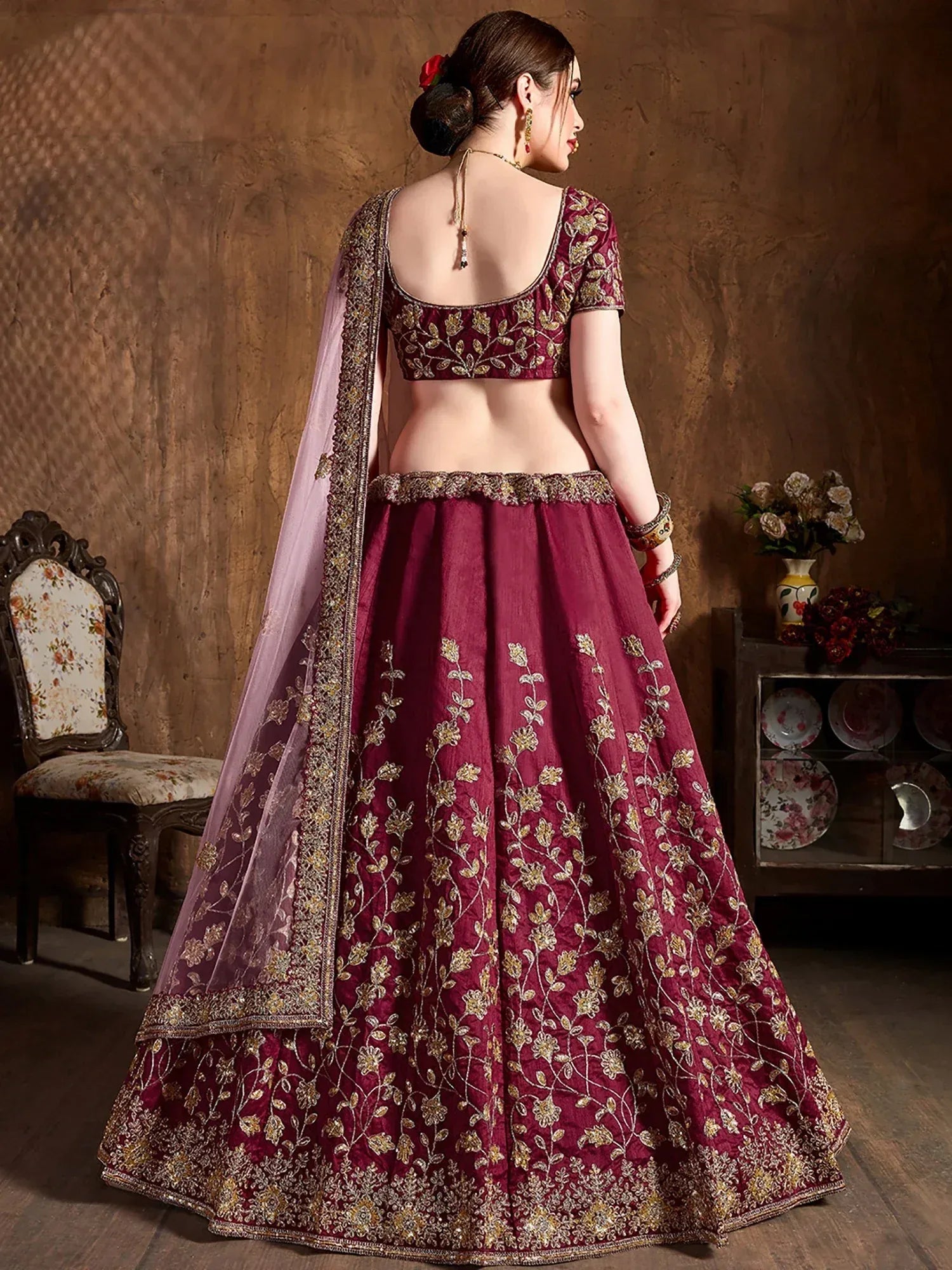 Awesome Maroon Embroidered Silk Wedding Wear Plus Size Lehenga Choli