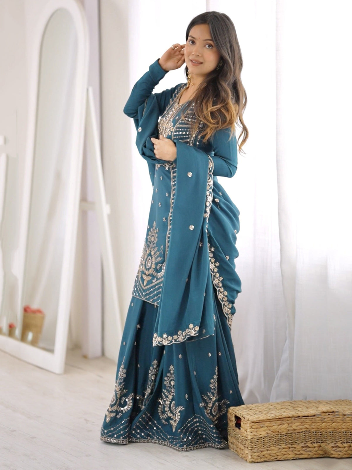Charming Teal Blue Bead Work Chinon Wedding Wear Palazzo Suit