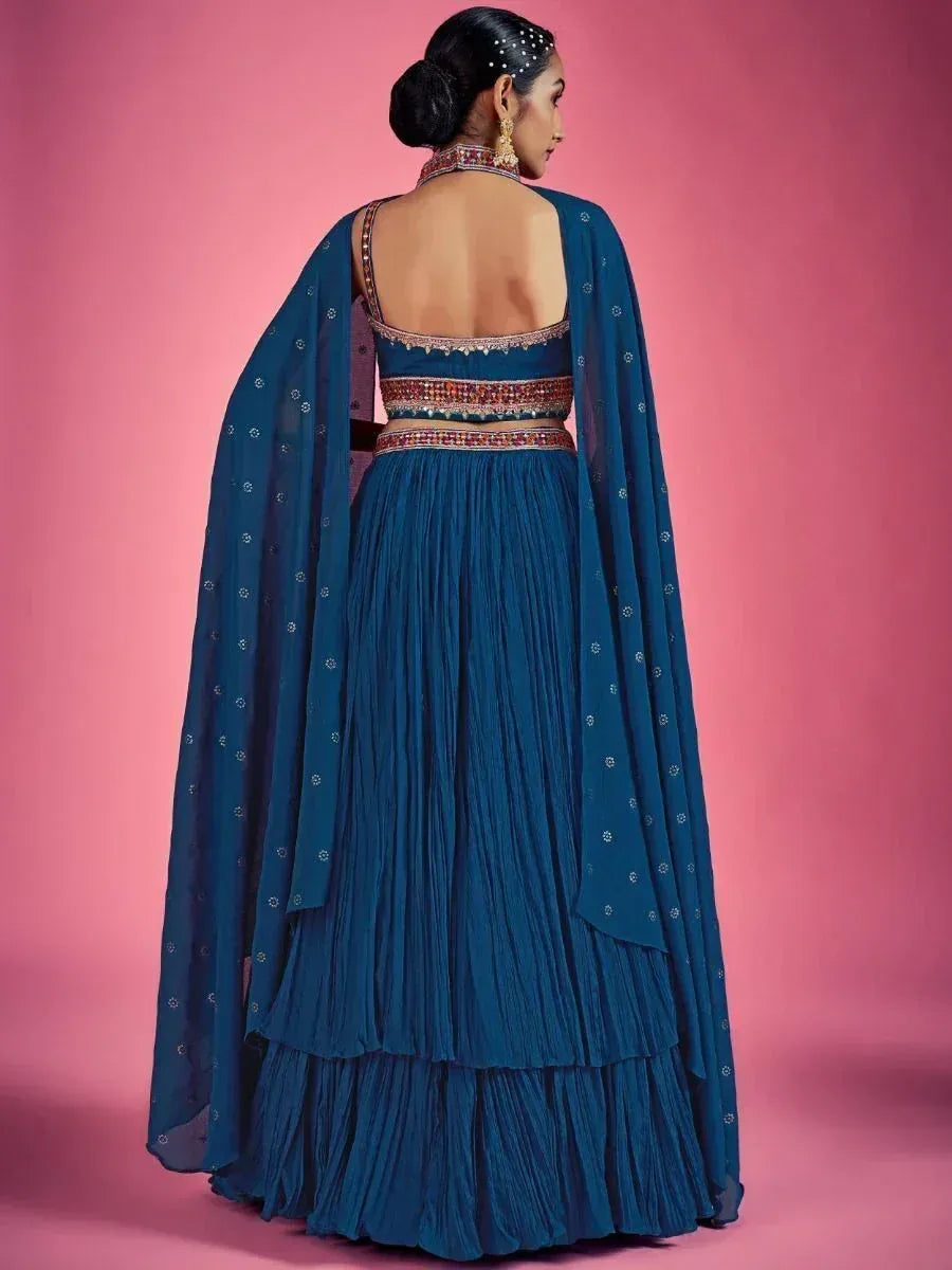 Blue designer lehenga choli with backless blouse and embroidered dupatta, ethnic wear for women