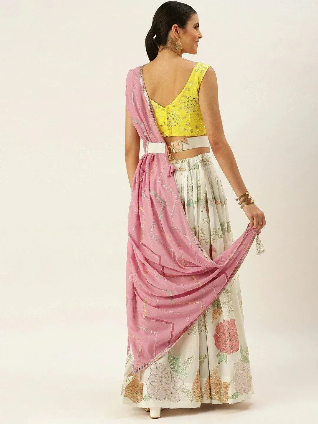 Yellow embroidered blouse with white floral lehenga and pink dupatta, Indian ethnic wear