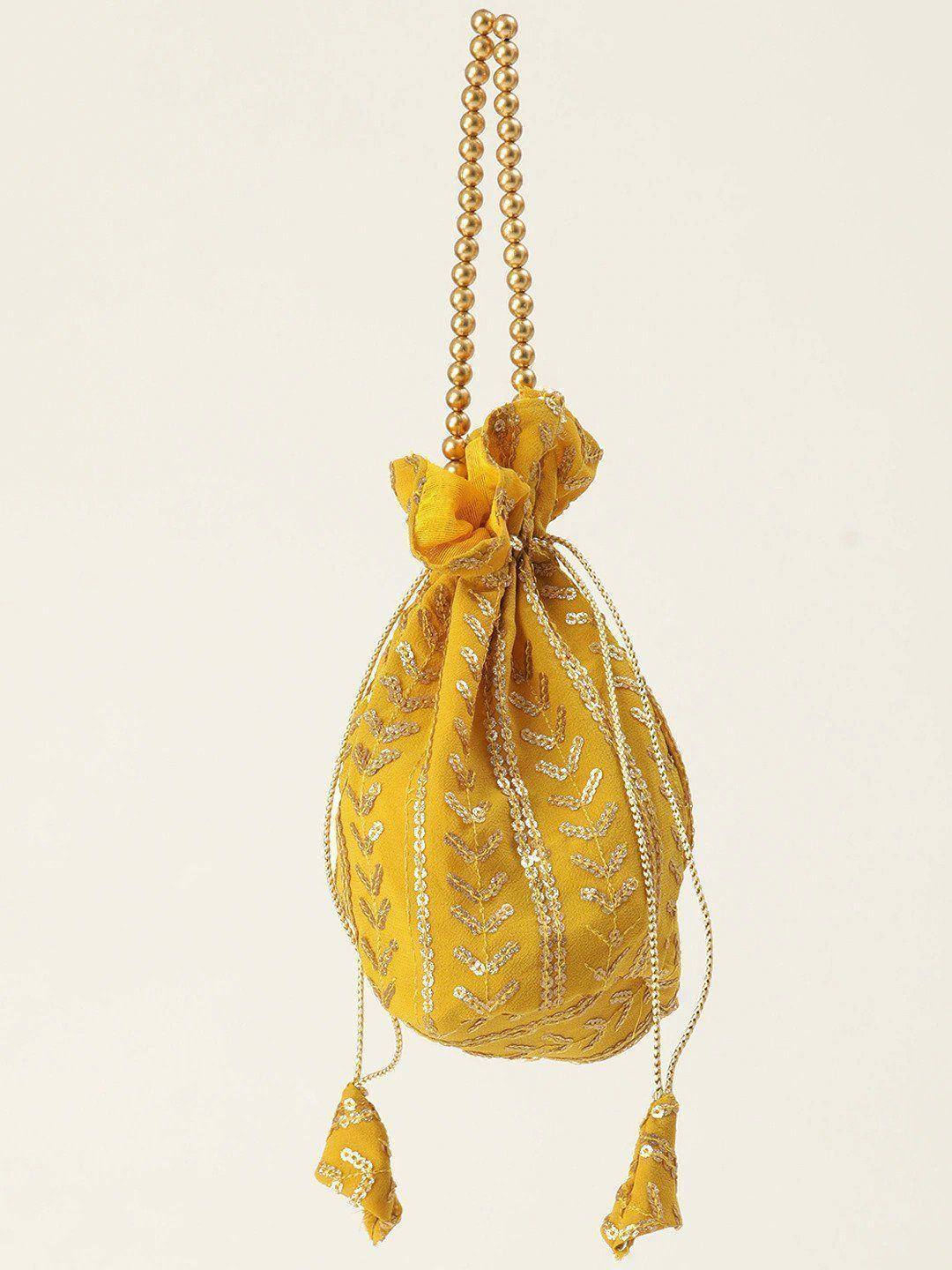 Yellow ethnic potli bag with gold bead chain and sequin embroidery, perfect for Indian weddings and festive occasions