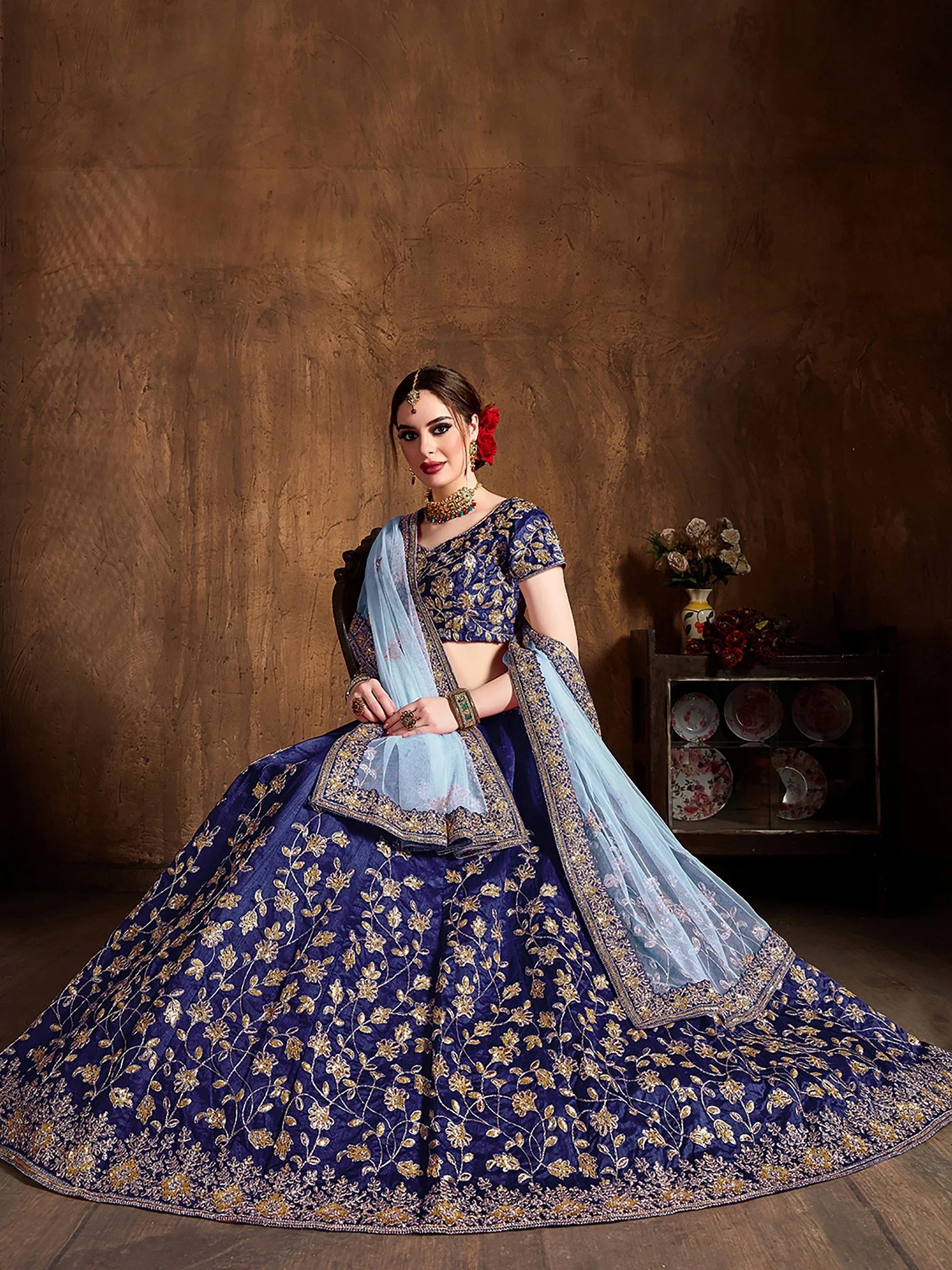 Attractive Blue Embroidered Silk Bridesmaid Plus Size Lehenga Choli