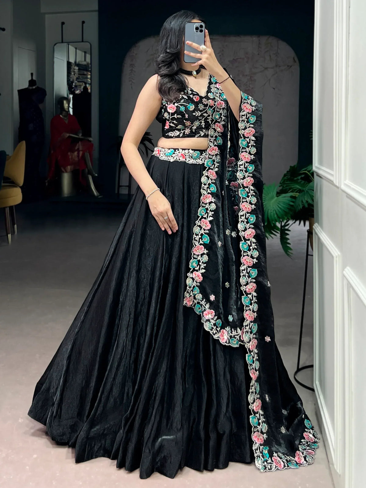 Classy Black Thread Work Organza Festive Wear Lehenga Choli