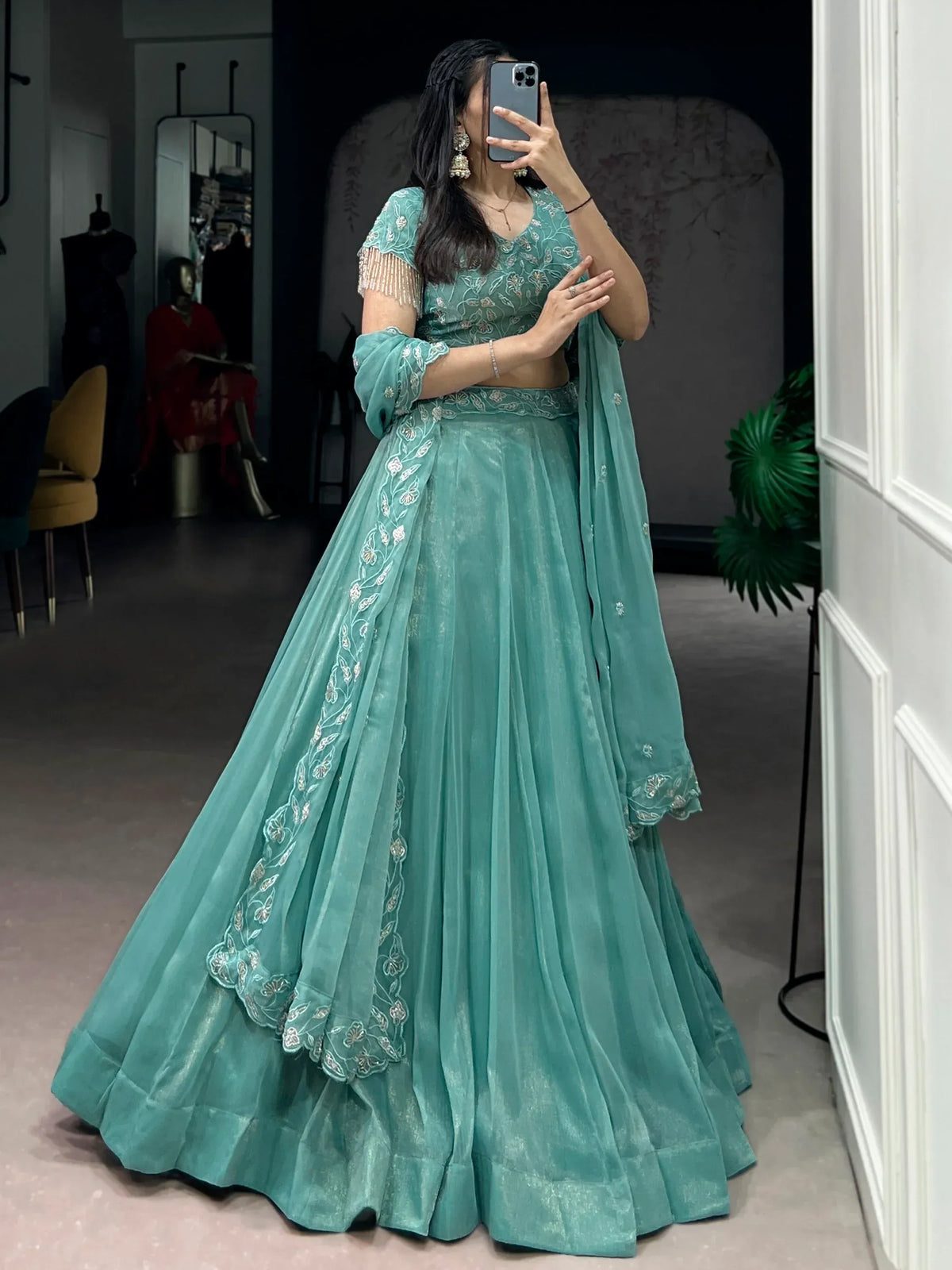 Stunning Sea Green Bead Work Organza Mehendi Wear Lehenga With Blouse