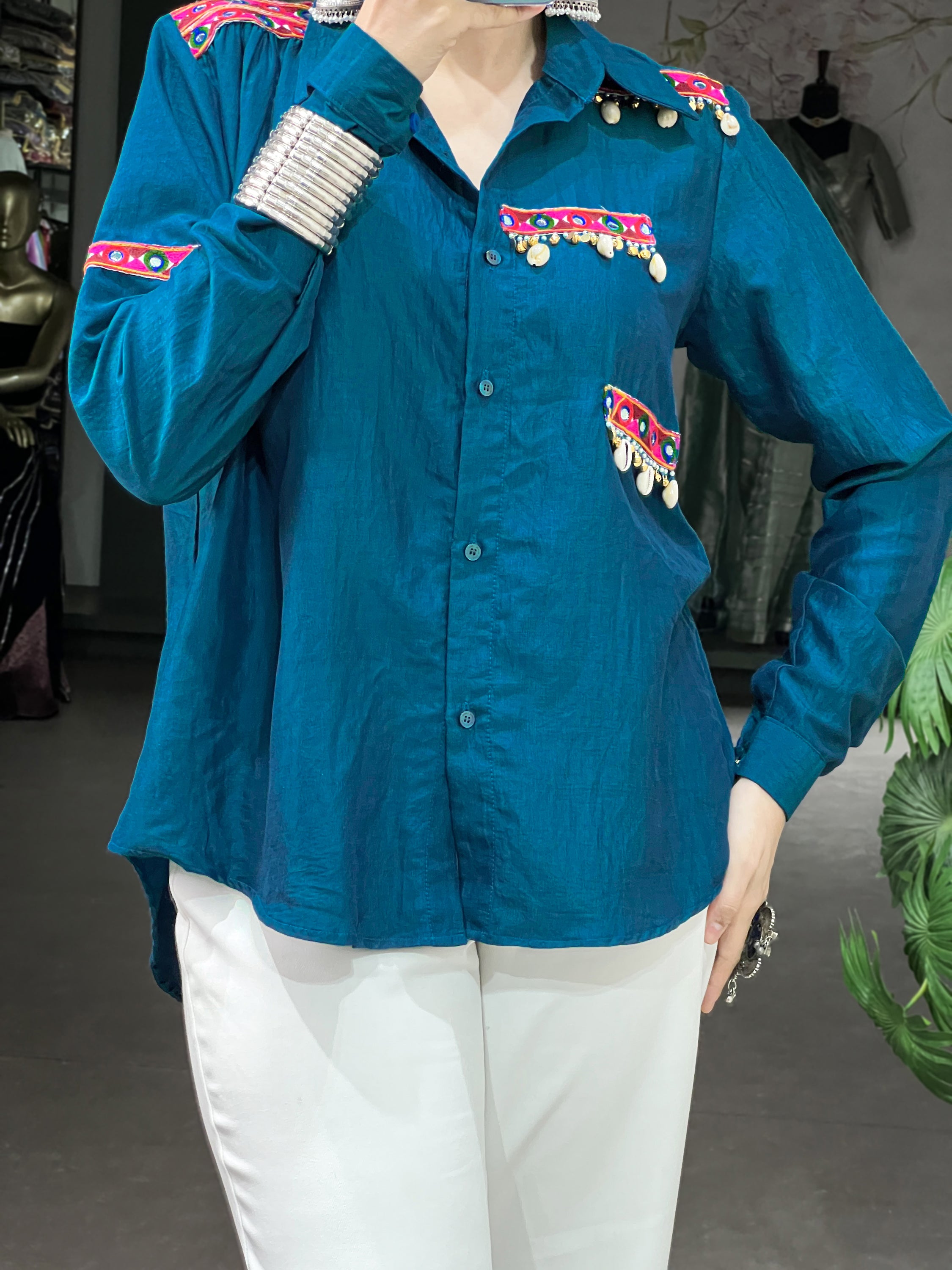 Stylish Teal Blue Gamthi Work Chinon Navratri Wear Shirt