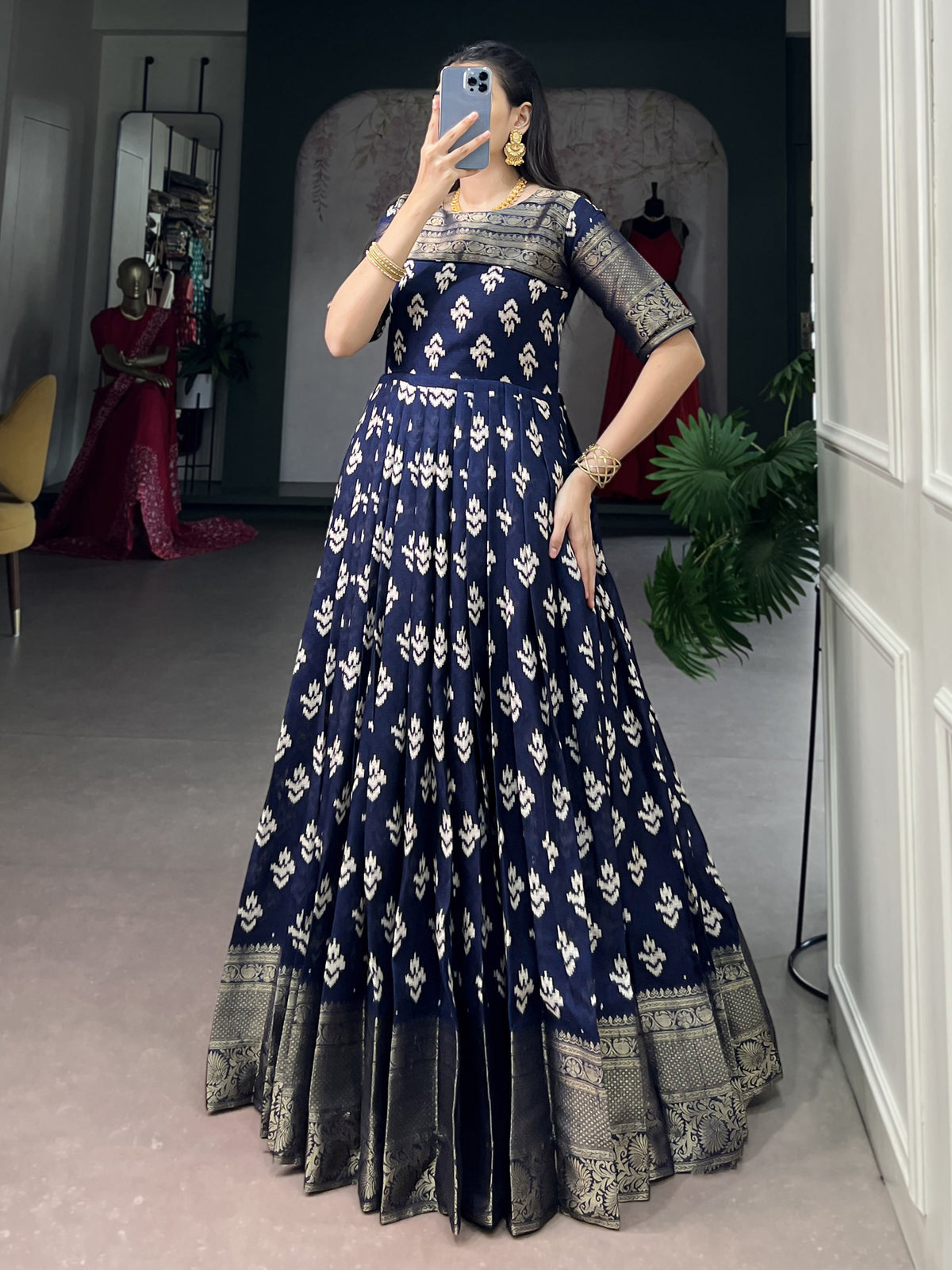 Enchanting Navy Blue Zari Weaving Cotton Festive Wear Gown
