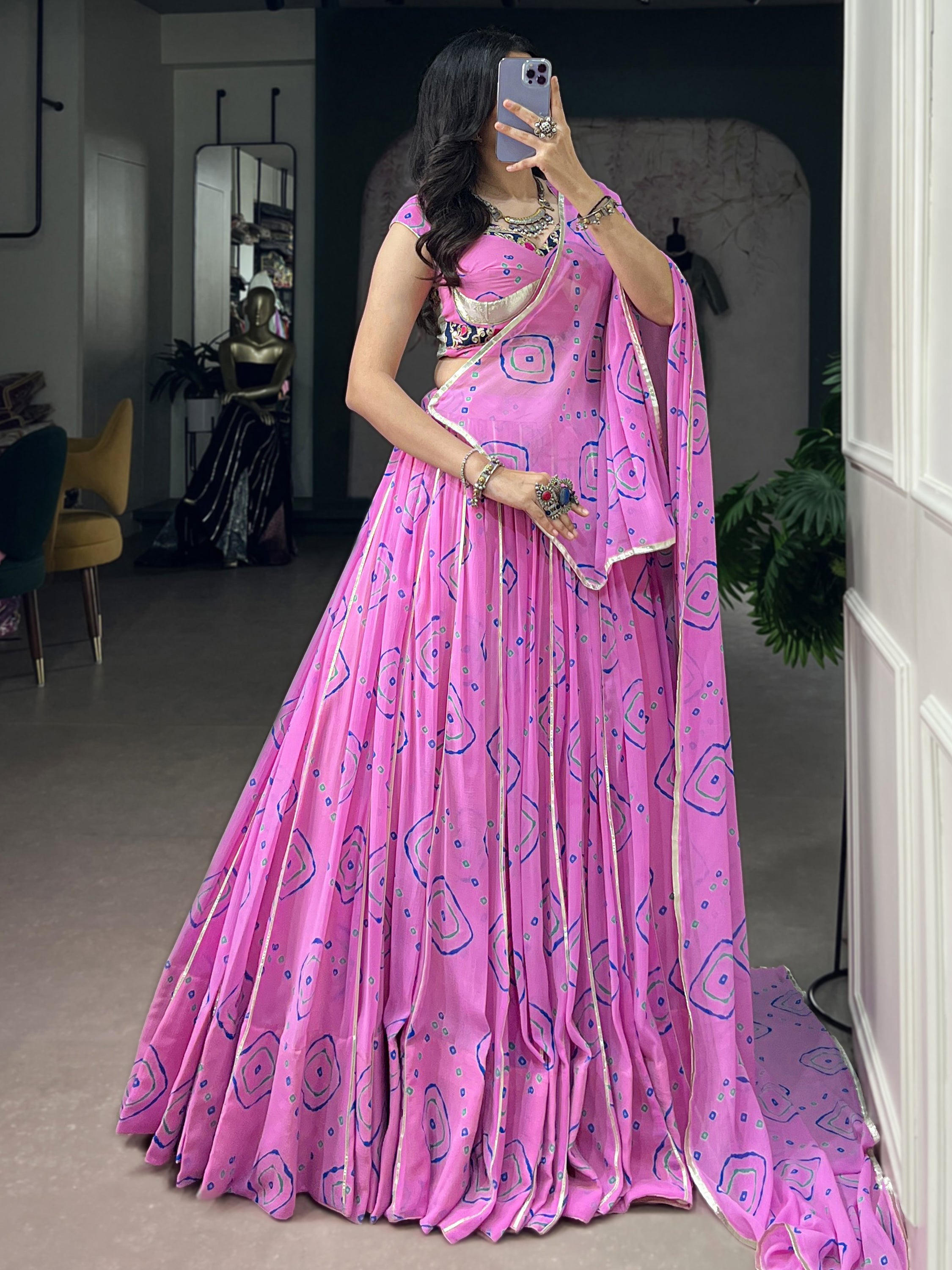 Regal Baby Pink Bandhej Printed Georgette Navratri Wear Lehenga Choli