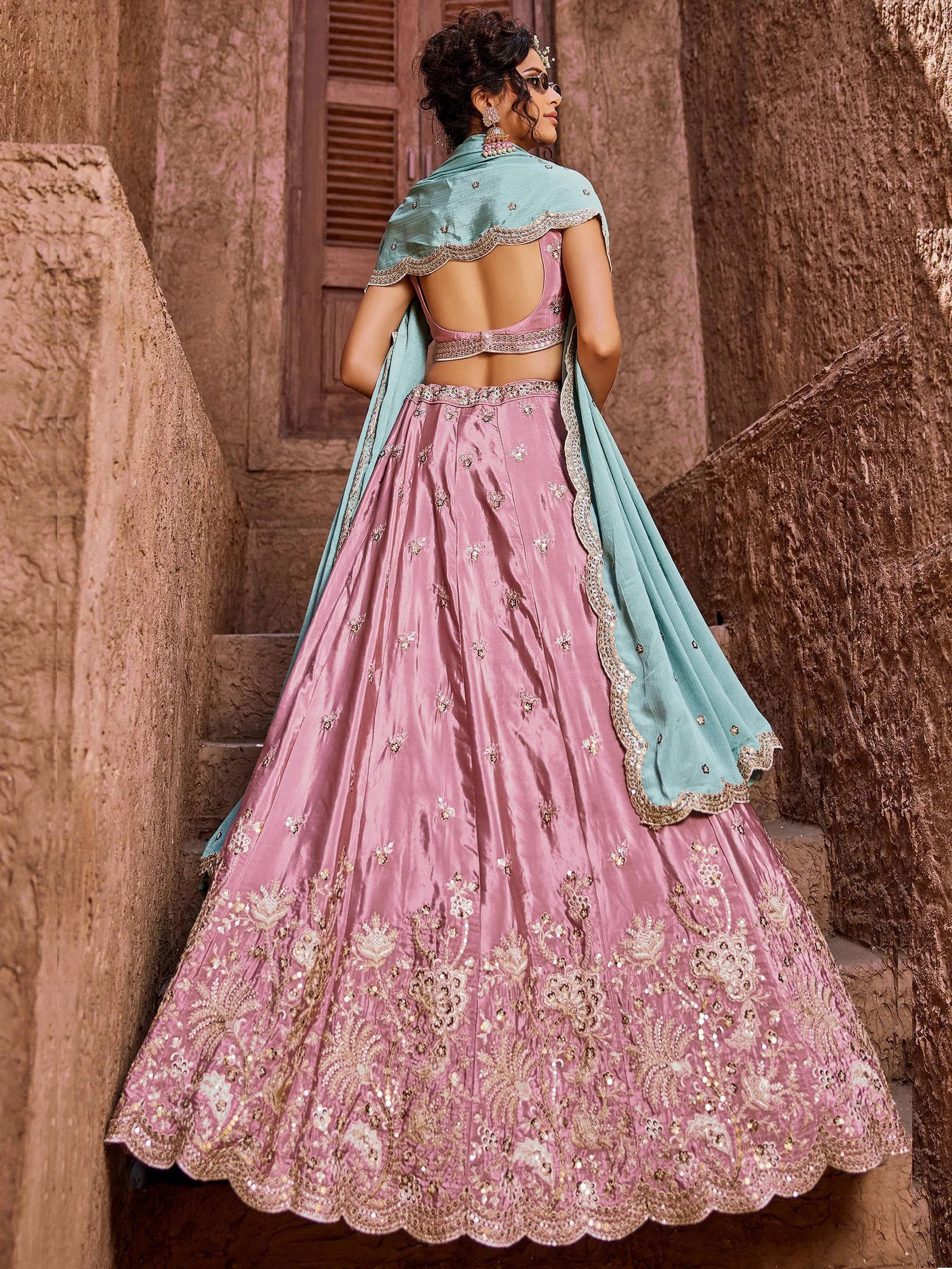 Noteworthy Pastel Pink Sequins Silk Wedding Wear Lehenga Choli