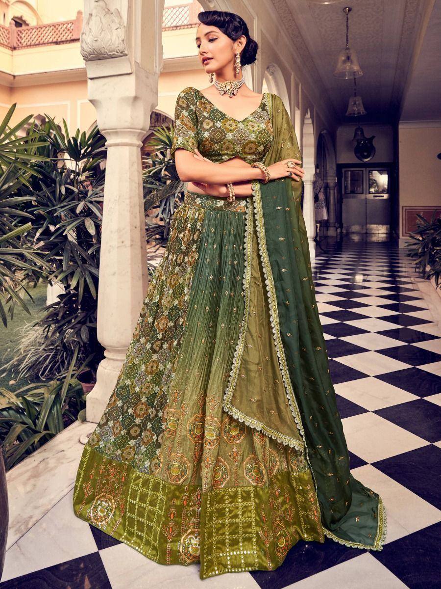 Elegant green embroidered lehenga choli with floral motifs, perfect for Indian ethnic occasions