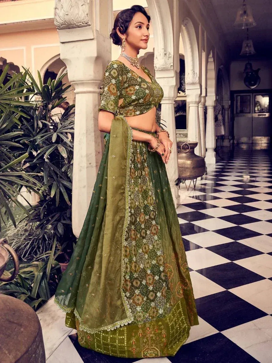 Green floral embroidered lehenga choli with dupatta, Indian ethnic wear for weddings and festivals
