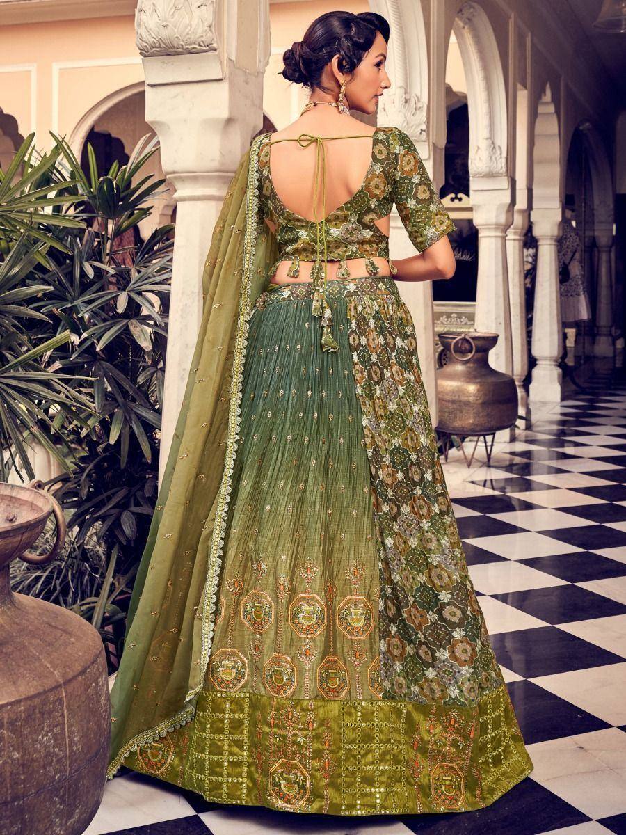 Green floral lehenga choli with back tie blouse, perfect for Indian ethnic occasions
