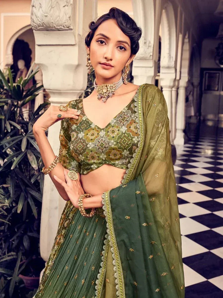Olive green embroidered lehenga choli with matching dupatta, perfect for Indian ethnic occasions
