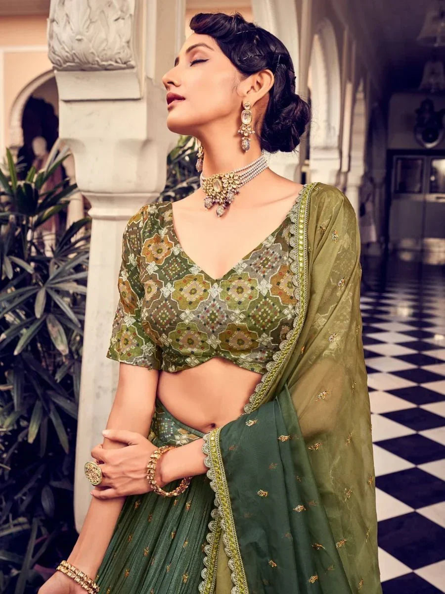 Stunning Green Thread Embroidered Silk Wedding Wear Lehenga Choli