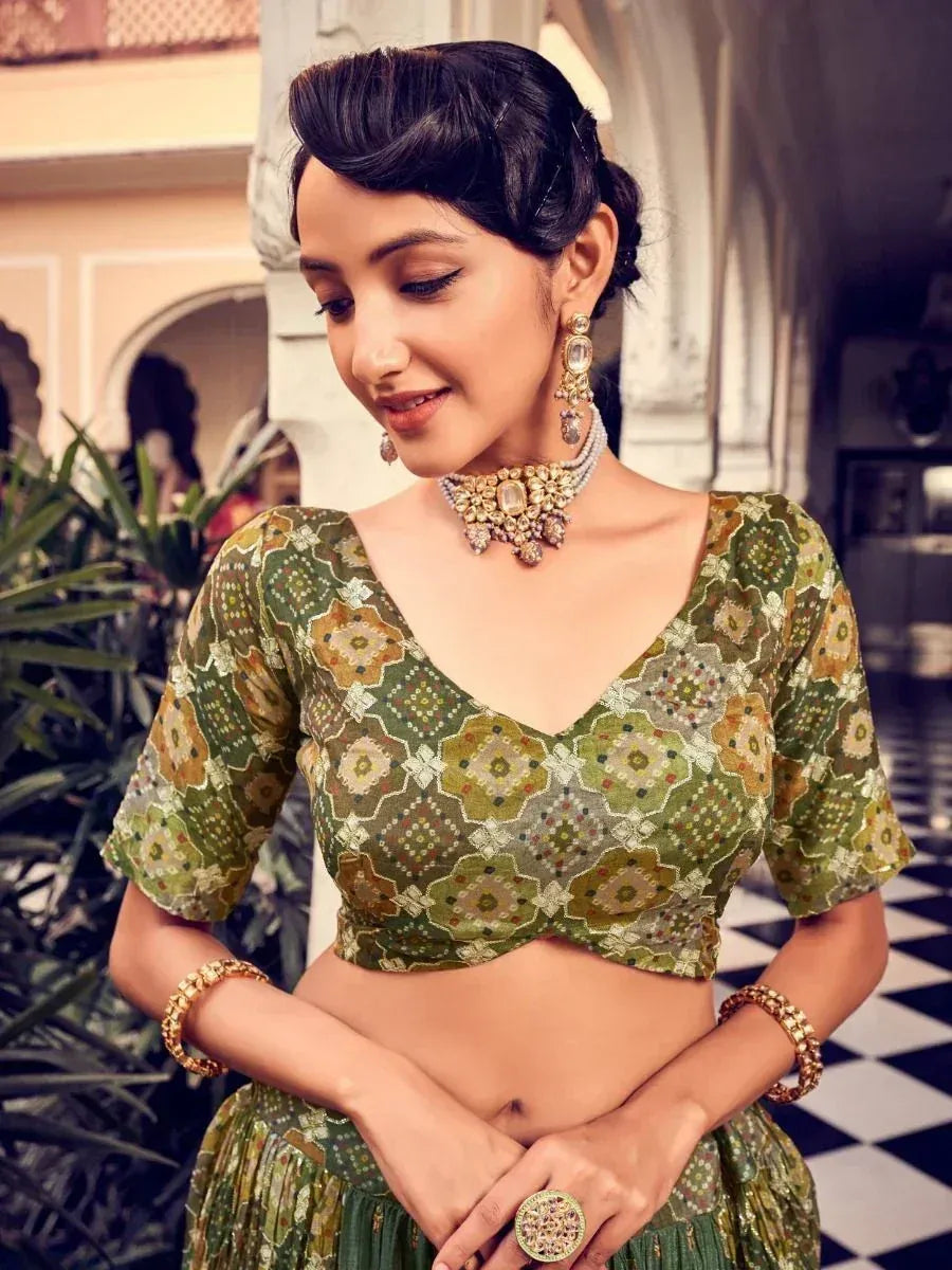Green floral printed lehenga choli with V-neck blouse, traditional Indian ethnic wear for women