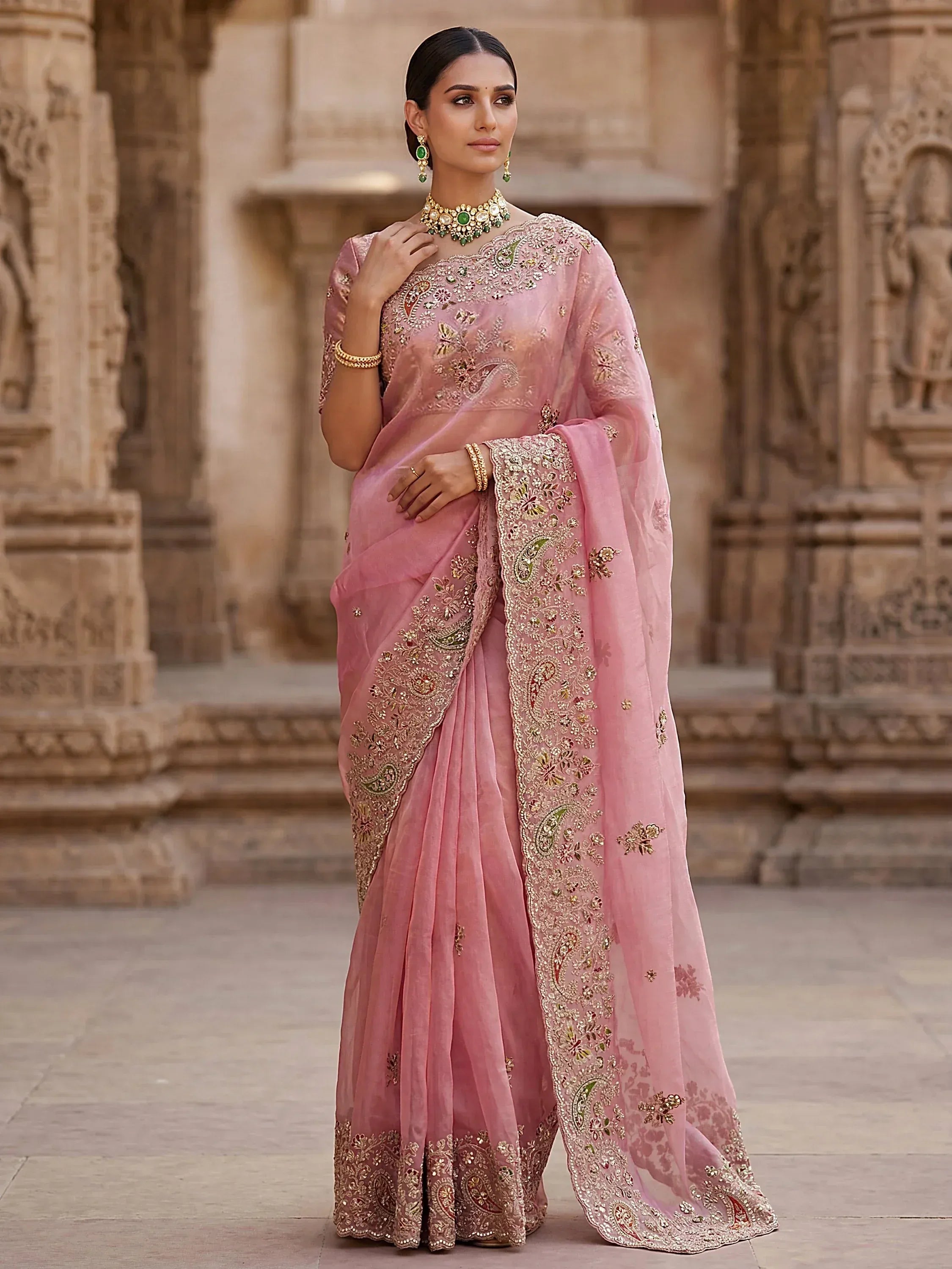 Pretty Pink Patch Embroidery Silk Engagement Wear Saree With Blouse