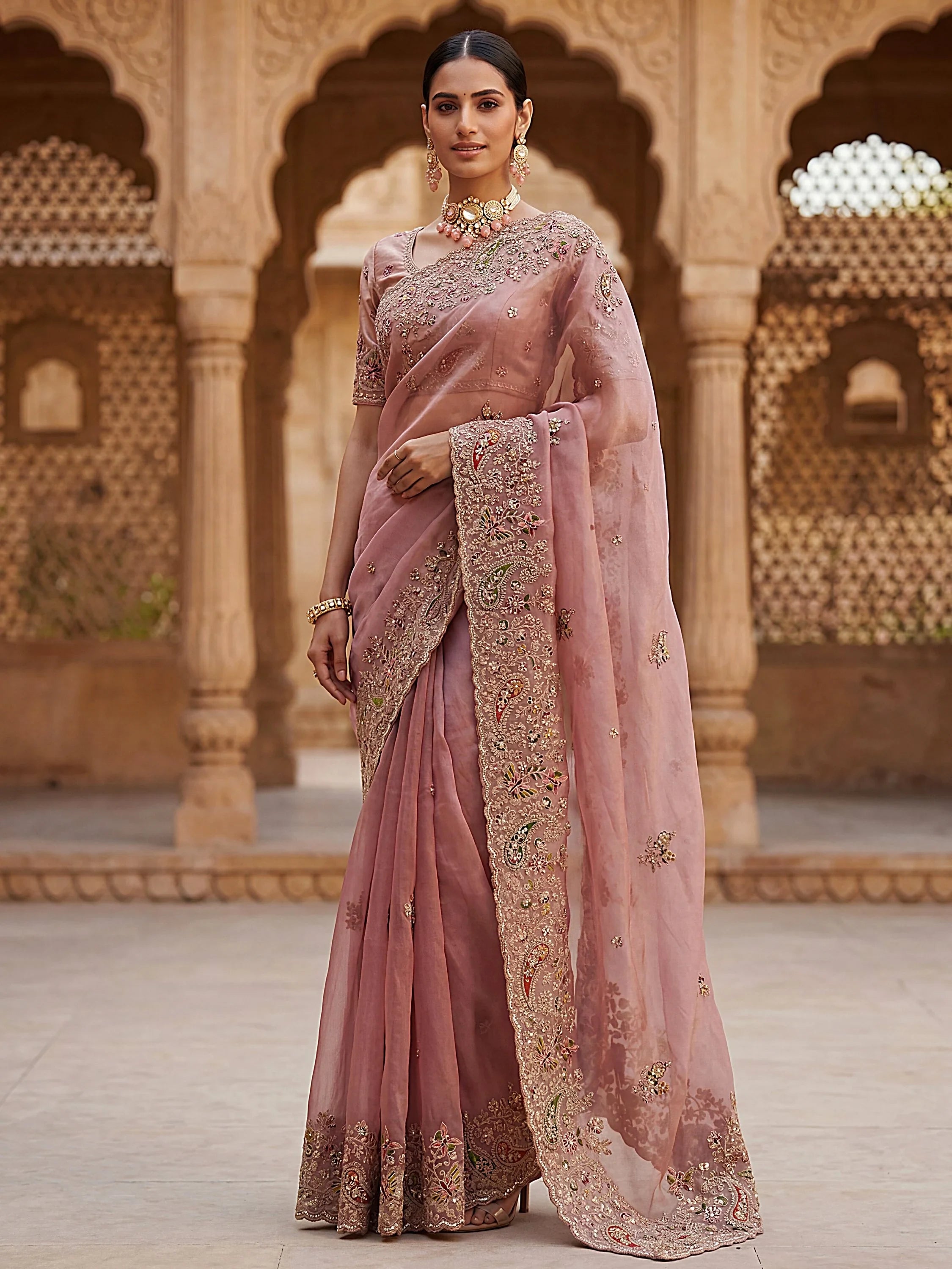 Attractive Peach Zircon Work Silk Reception Wear Saree With Blouse
