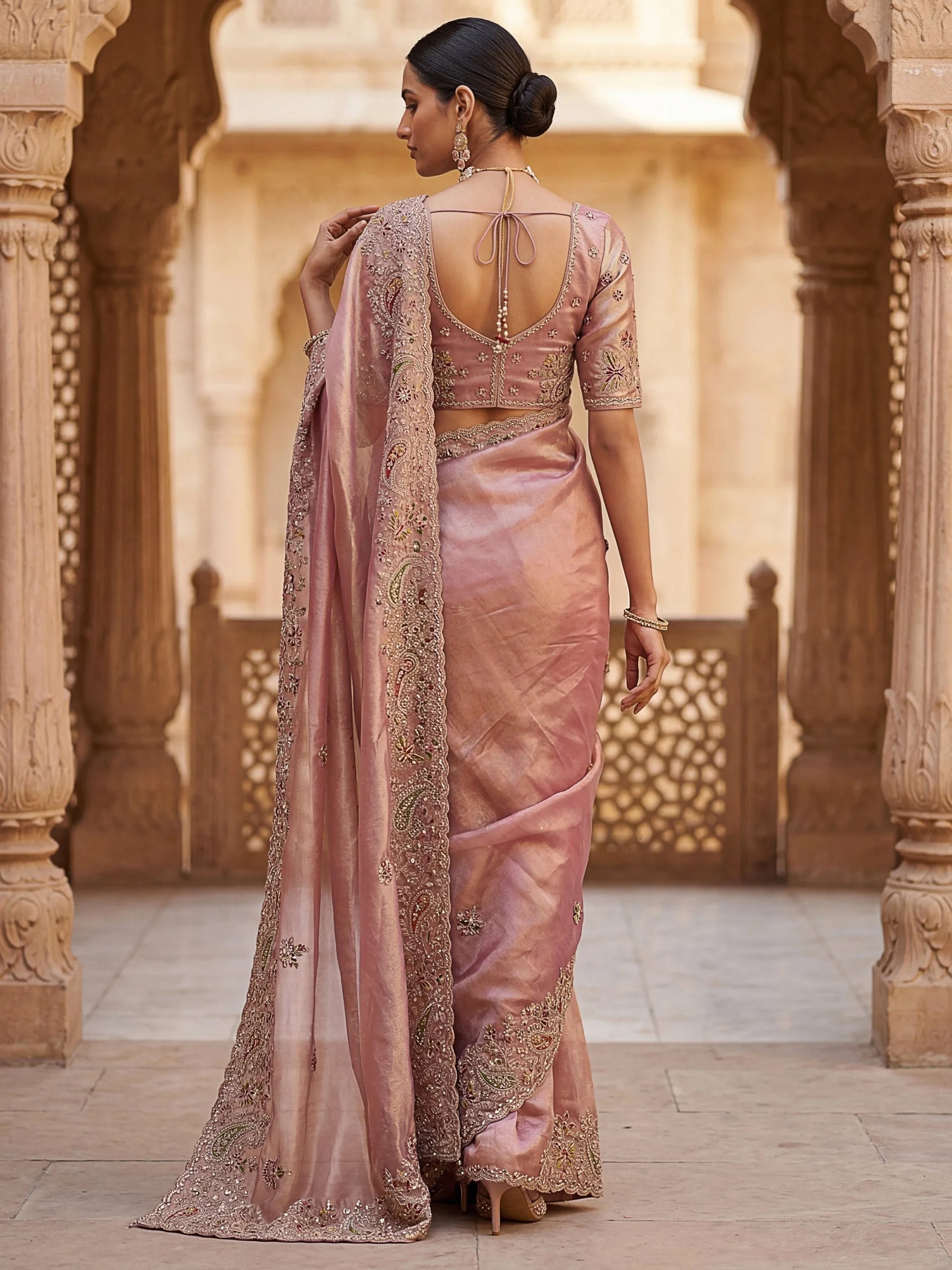 Attractive Peach Zircon Work Silk Reception Wear Saree With Blouse