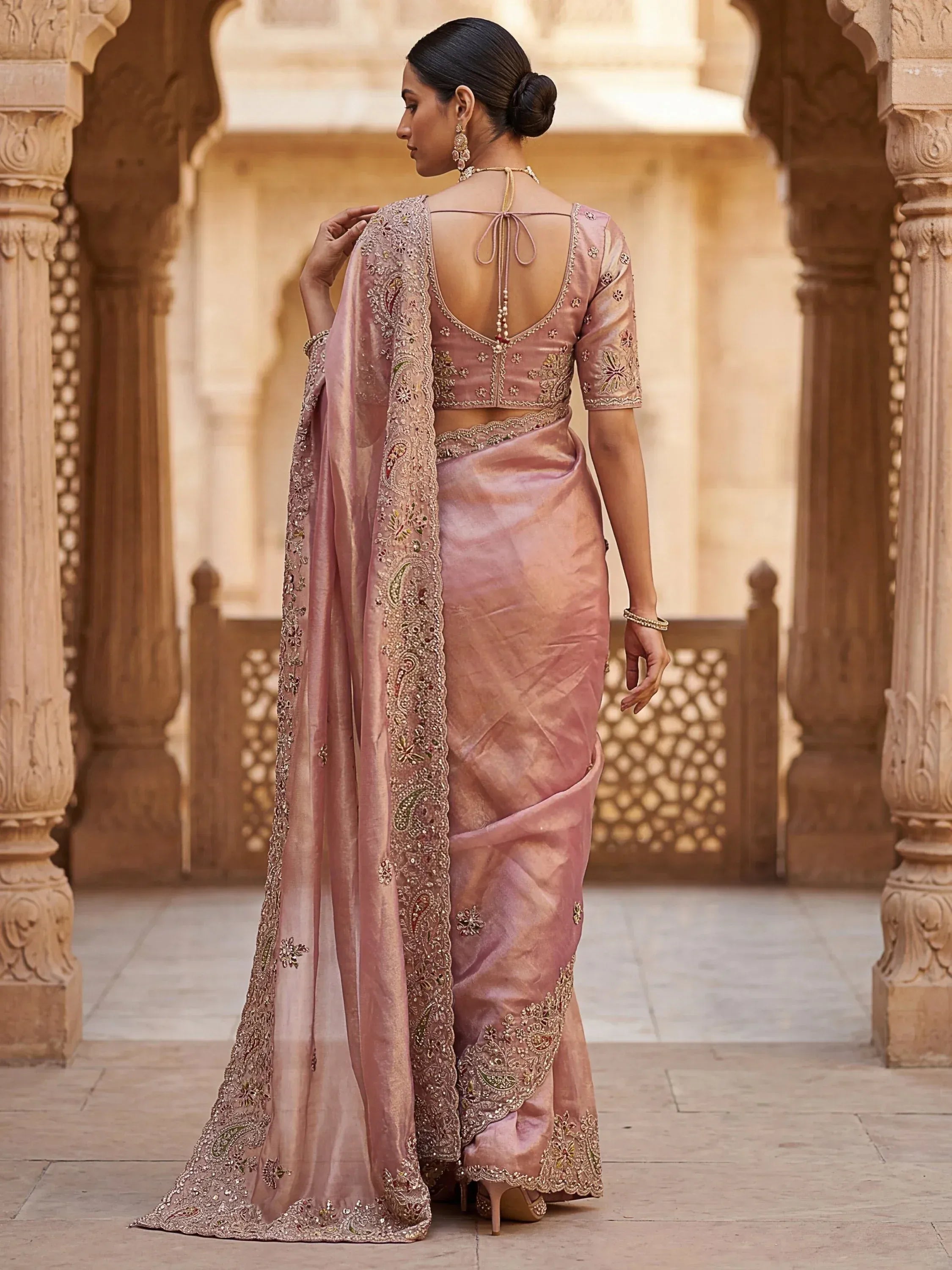 Attractive Peach Zircon Work Silk Reception Wear Saree With Blouse
